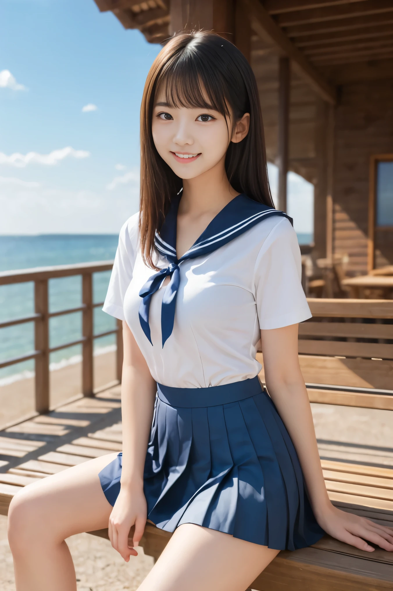 masterpiece, Highest quality, 8K, 1 Girl, (16 years old), teenager, smile, alone, (Super cute idol-like face:1.2), Delicate girl, Black Hair, Bob Hair, Straight hair, bangs, Looking at the audience, Frank, Sophisticated, Professional Lighting, Film Grain,  whole body, Beautiful appearance, The background is a summer blue sky and a beautiful sea ,  (White shirt, Sailor school uniform, Navy blue pleated skirt:1.2), Small breasts, Sit on a bench and spread your legs, Beautiful thighs,