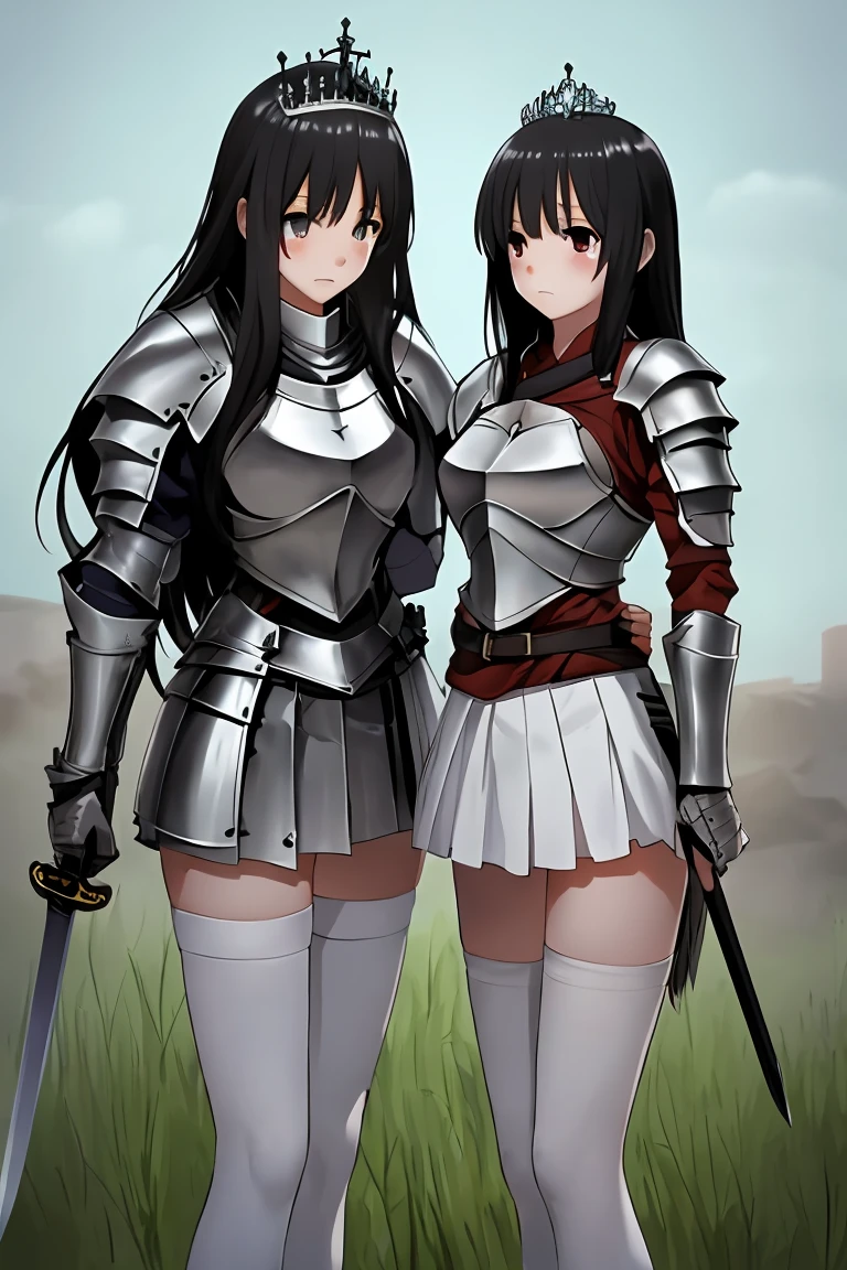 Sisters Height difference female knight armor Black Hair tiara Shortcuts sword Torn white skirt Torn white tights White panties Holding back tears battlefield