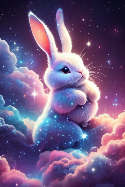 Cute diffuse rabbit constellation, made of stars and nebulae, iridescent smoke, digital art