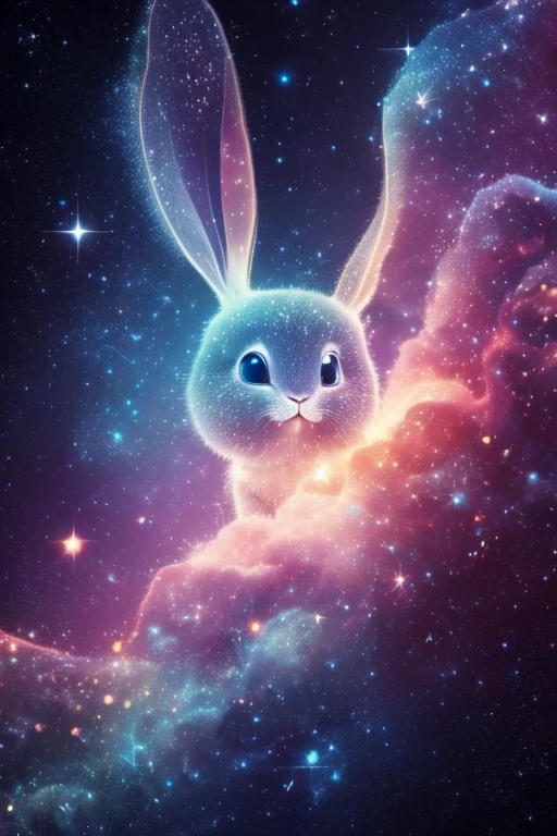 Cute diffuse rabbit constellation, made of stars and nebulae, iridescent smoke, digital art