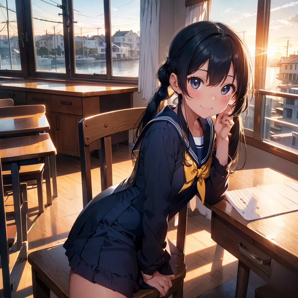 Highest quality, Very detailed, masterpiece, One Girl, Sit on a chair, talk, Smile, , (low twintails:1.2), Low Pigtails, Black Hair, Long Hair, (Navy blue sailor suit:1.4), Blue ribbon, Long sleeve, School desk, School Chair, classroom, from the front, window, distant cityscape, A town with hills, The sea on the horizon, sunset, anime, (Close up on face),