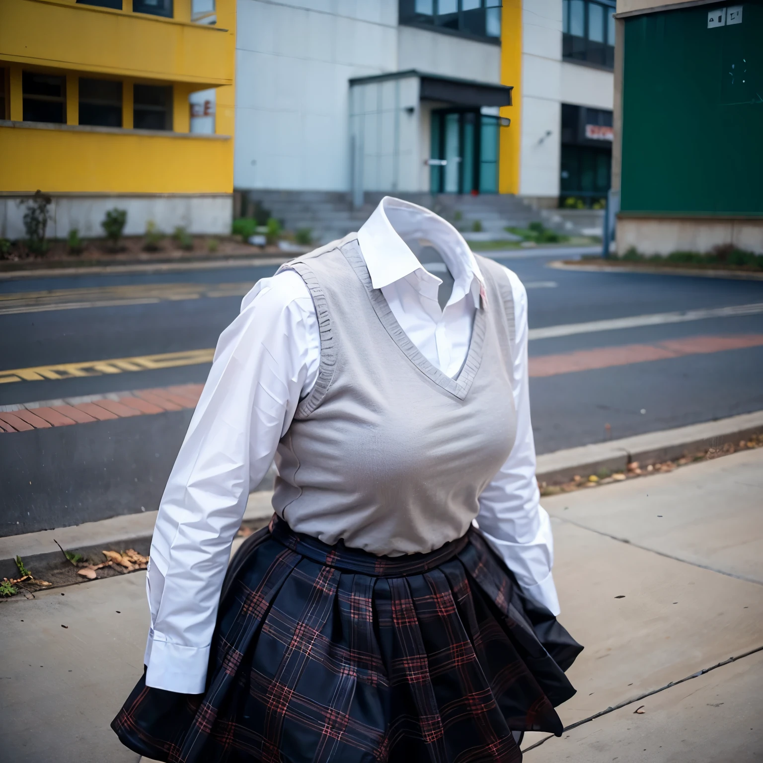 kibito high school blouse, school blouse, sweater vest, plaid skirt, leaning forward, fat, cute big breasts, (invisible, no human, headless, handless:1.5)