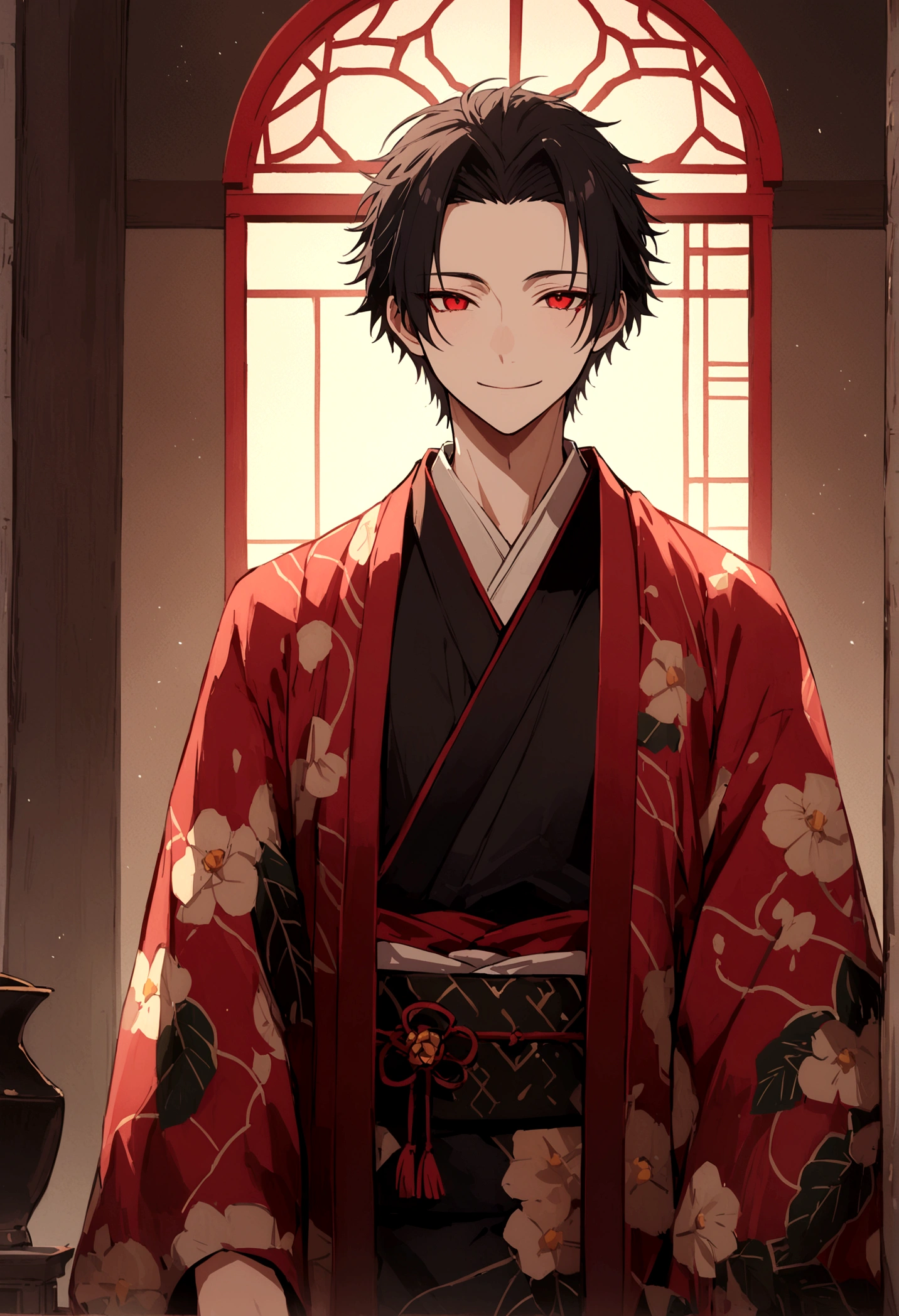 ((Red eyes))、引きつけるRed Eyes、smile、Crimson Eyes、Beautiful man、1 person、neutral、Black Hair、(Red Eyes)、Kimono with camellia pattern、smile、The nape is a little long、Serene atmosphere、beautiful、Are standing、ephemeral、front、 High resolution, Super detailed、Male、Rakugo artist