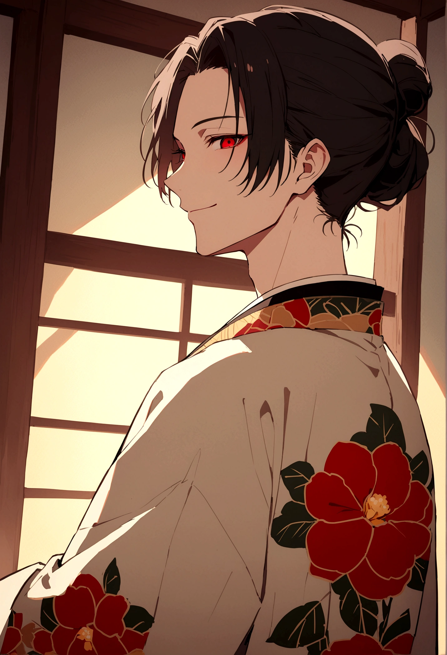 ((Red eyes))、引きつけるRed Eyes、smile、Crimson Eyes、Beautiful man、1 person、neutral、Black Hair、(Red Eyes)、Kimono with camellia pattern、smile、The nape is a little long、Serene atmosphere、beautiful、Are standing、ephemeral、front、 High resolution, Super detailed、Male、Rakugo artist