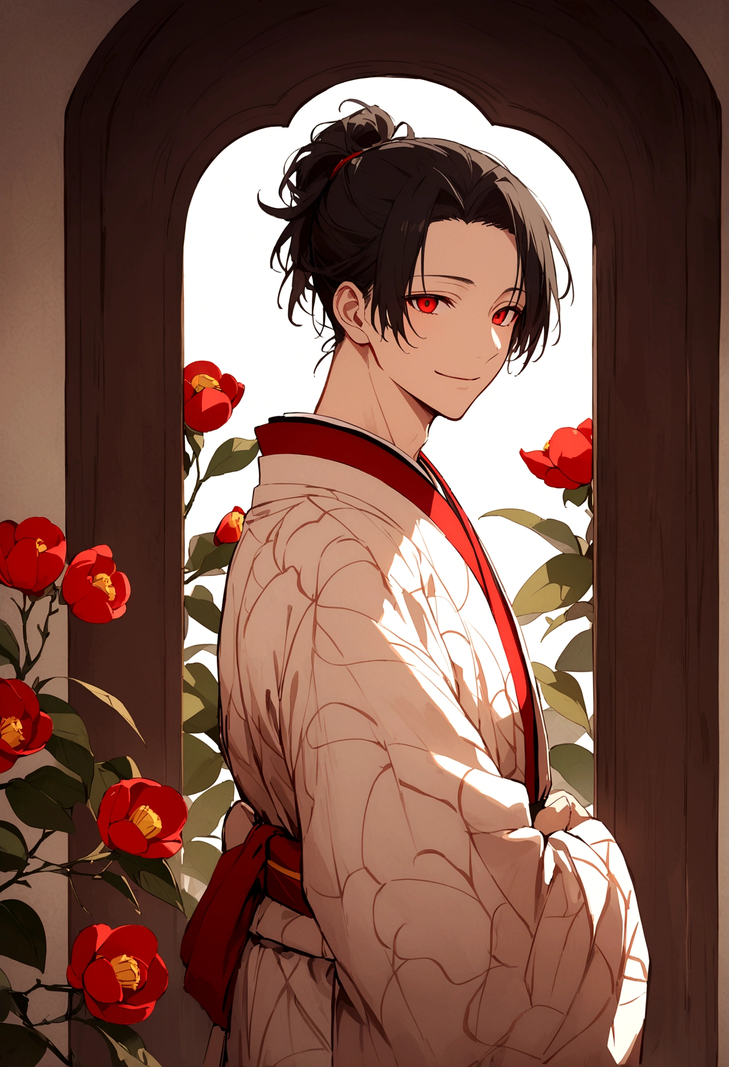 ((Red eyes))、引きつけるRed Eyes、smile、Crimson Eyes、Beautiful man、1 person、neutral、Black Hair、(Red Eyes)、Kimono with camellia pattern、smile、The nape is a little long、Serene atmosphere、beautiful、Are standing、ephemeral、front、 High resolution, Super detailed、Male、Rakugo artist