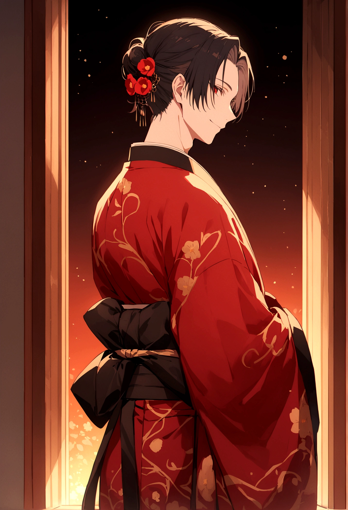 ((Red eyes))、引きつけるRed Eyes、smile、Crimson Eyes、Beautiful man、1 person、neutral、Black Hair、(Red Eyes)、Kimono with camellia pattern、smile、The nape is a little long、Serene atmosphere、beautiful、Are standing、ephemeral、front、 High resolution, Super detailed、Male、Rakugo artist