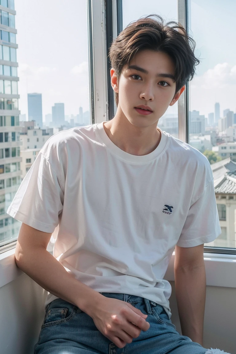 tmasterpiece，best qualtiy，hight resolution，超A high resolution，hyunjin，realisticlying，Young men，Korean Idol、Handsome face，natural soft light，looking at viewert，korean cityscape、guitarist、white t-shirts、black jeans, white converse high shoes, smoking at the window