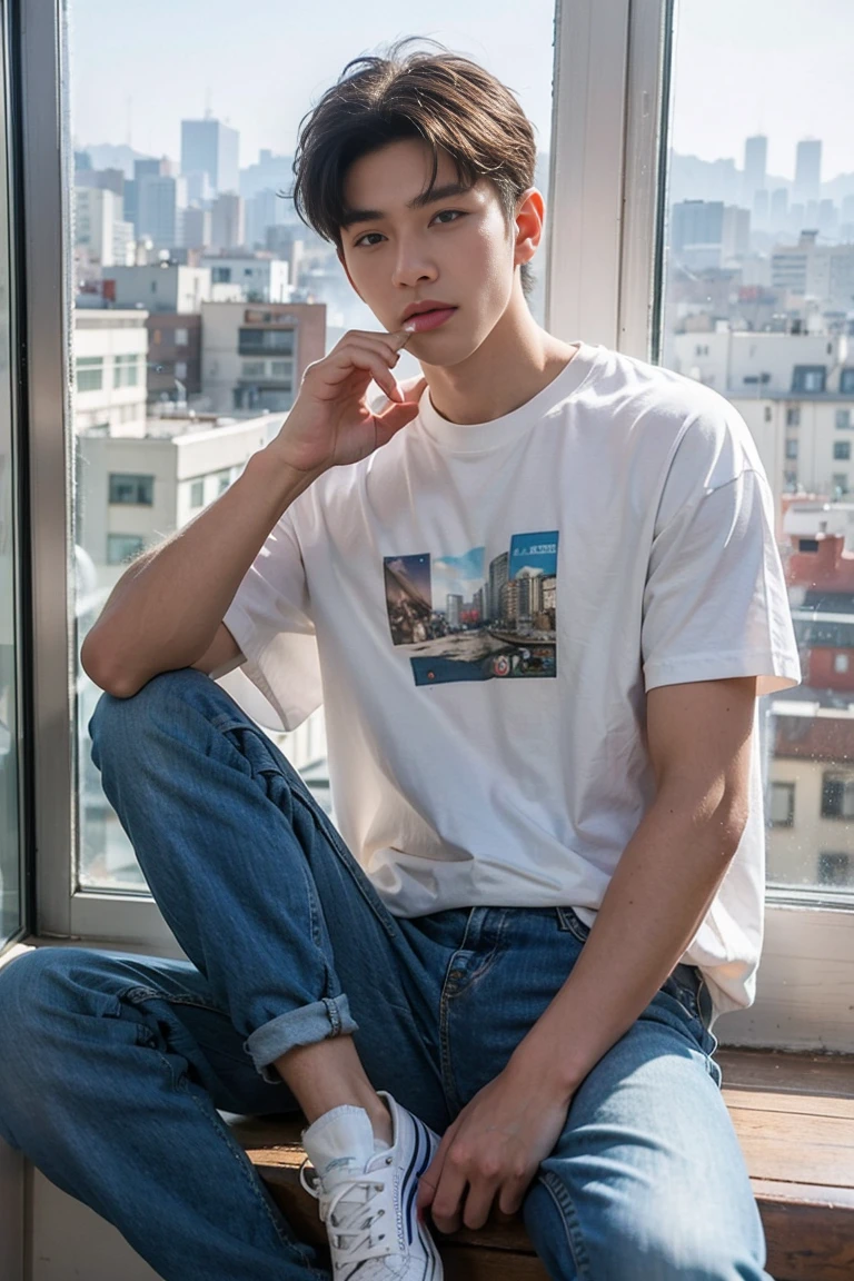 tmasterpiece,best qualtiy,hight resolution,超A high resolution,hyunjin,realisticlying,Young men,Korean Idol、Handsome face,natural soft light,looking at viewert,korean cityscape、guitarist、white t-shirts、black jeans, white converse high shoes, smoking at the window