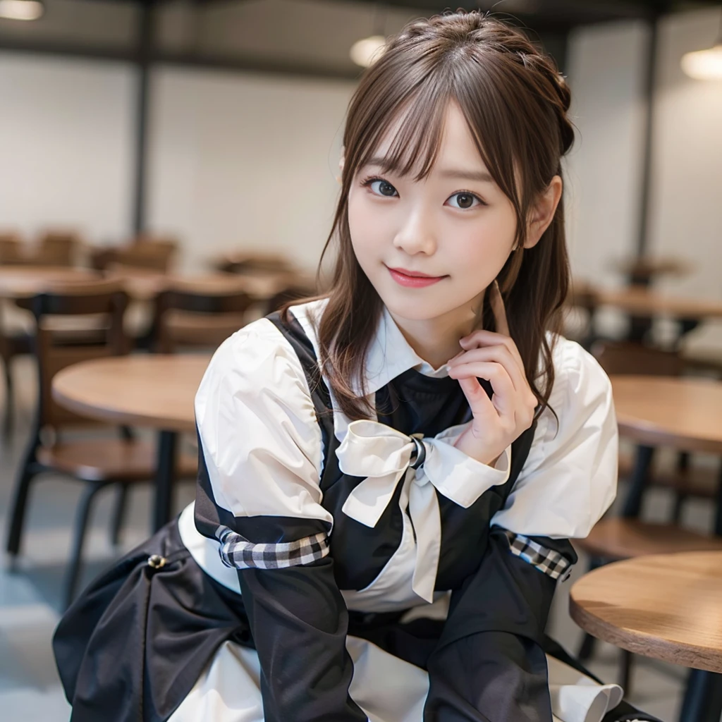 In 8K,Highest quality:1.4, Ultra-high resolution:1.5, (Realistic:1.4),masterpiece:1.2,(Highest quality:1.4)、 RAW Photos、 (The background is blurred),  1 Japanese girl, cute, (alone:1.4), (A shy smile), Smooth Skin、 (Brown medium hair,bangs),Nogizaka,Flexible fingertips,Beautiful dark eyes、dual、Natural skin texture:1.3, Realistic eye and facial details:1.7、Mid-breasted、Daytime、Tight ass:1.5、Staring at the audience,photographer５Step back, Hilarious,(Maid:1.2),bow,Long sleeve, Black sleeves,(Black checked long tights:1.5),Maidの頭飾り,Maid apronl,cafeteria,Upper Body:1.8,(Fine hair:1.1), (Fine grain:1.1)