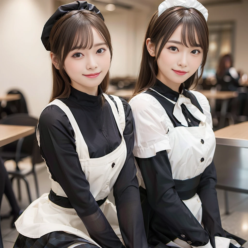 In 8K,Highest quality:1.4, Ultra-high resolution:1.5, (Realistic:1.4),masterpiece:1.2,(Highest quality:1.4)、 RAW Photos、 (The background is blurred),  1 Japanese girl, cute, (alone:1.4), (A shy smile), Smooth Skin、 (Brown medium hair,bangs),Nogizaka,Flexible fingertips,Beautiful dark eyes、dual、Natural skin texture:1.3, Realistic eye and facial details:1.7、Mid-breasted、Daytime、Tight ass:1.5、Staring at the audience,photographer５Step back, Hilarious,(Maid:1.2),bow,Long sleeve, Black sleeves,(Black checked long tights:1.5),Maidの頭飾り,Maid apronl,cafeteria,Upper Body:1.8,(Fine hair:1.1), (Fine grain:1.1)