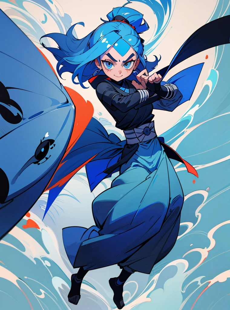 A girl with blue hair and long blue eyes with a happy face, her clothes are white ninja and black lines, she wears a bandana on her forehead, full body wallpaper ninjas