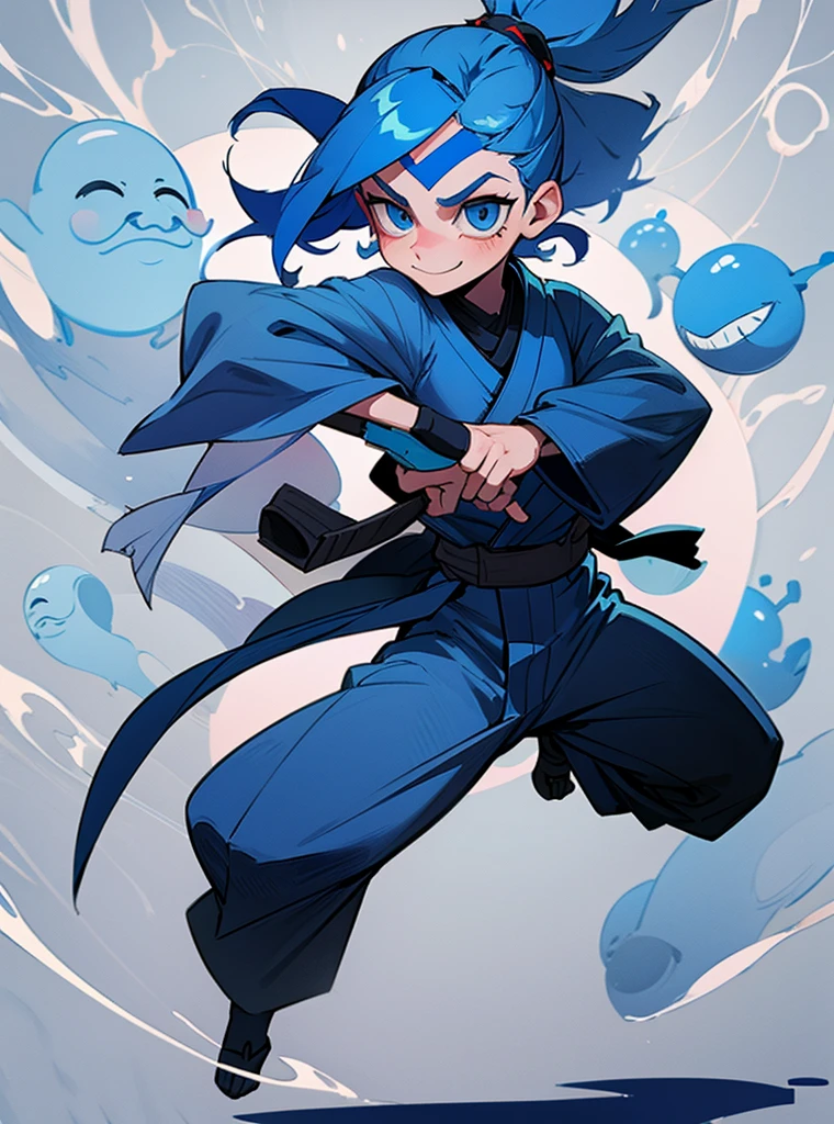 A girl with blue hair and long blue eyes with a happy face, her clothes are white ninja and black lines, she wears a bandana on her forehead, full body wallpaper ninjas