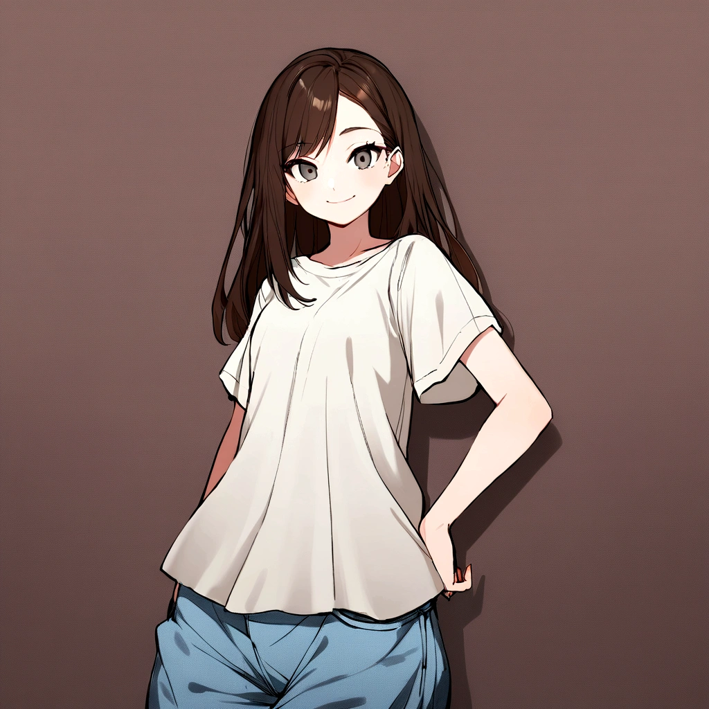 make me a female, , short dark brown hair, grey eyes, baggy jeans and oversized shirt, she's smiling