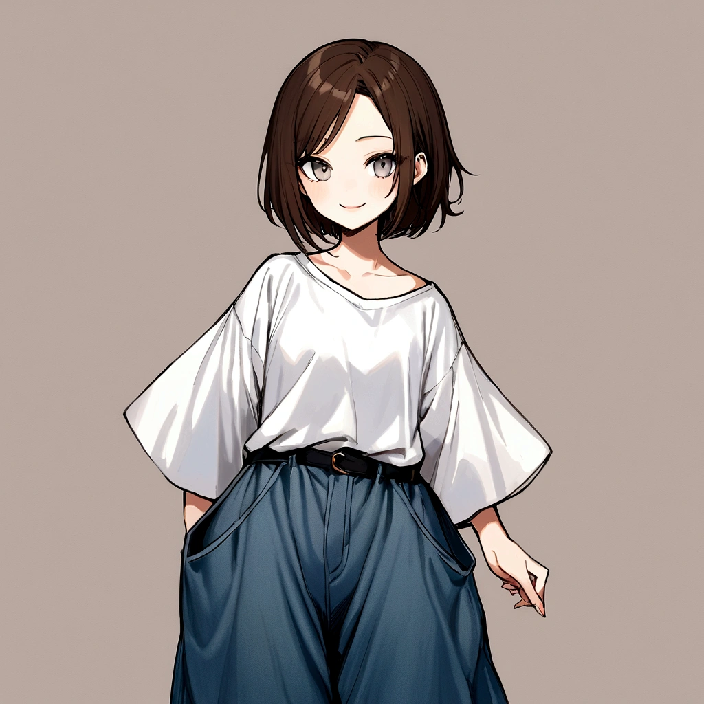 make me a female, , short dark brown hair, grey eyes, baggy jeans and oversized shirt, she's smiling