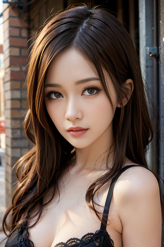 Realistic woman like in the photo, Woman brown eyes, Brown Hair, ultrahd, Surrealism style, Back Alley Angel, Detailed face