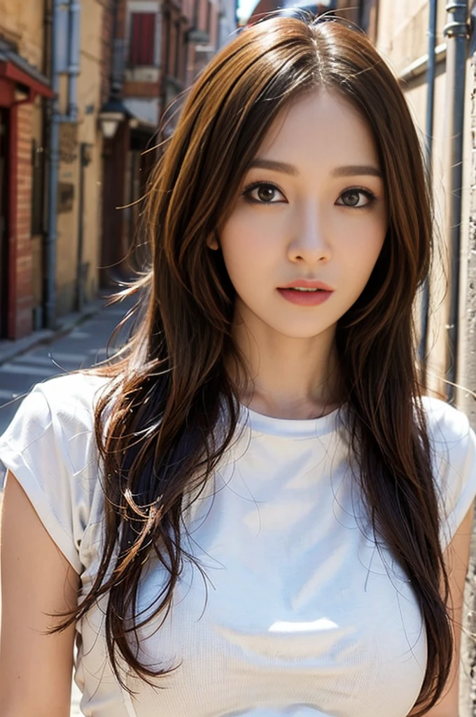 Realistic woman like in the photo, Woman brown eyes, Brown Hair, ultrahd, Surrealism style, Back Alley Angel, Detailed face  