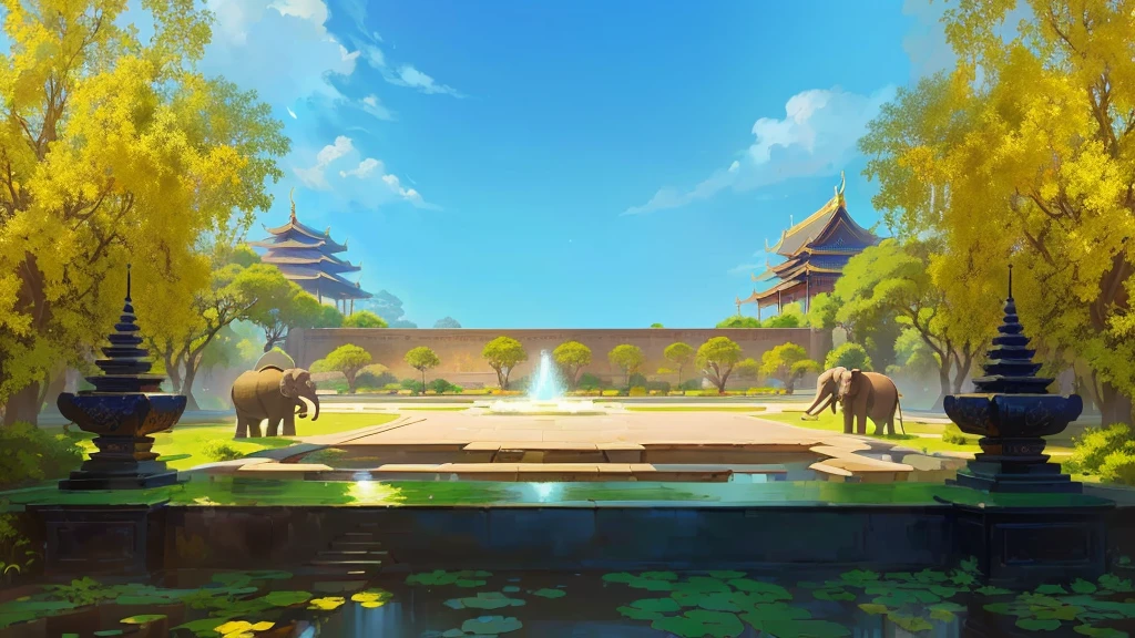 there is a painting of a courtyard with a fountain and elephants gold stone, arena background, mobile game background, background art, background artwork, palace background, game background, temple background, volley court background, zen temple background, anime background art, royal garden background, amazing wallpaper, anime background, 2 d game art background, park background, anime scenery concept art, videogame background, Cassia fistula, far architect thailand
