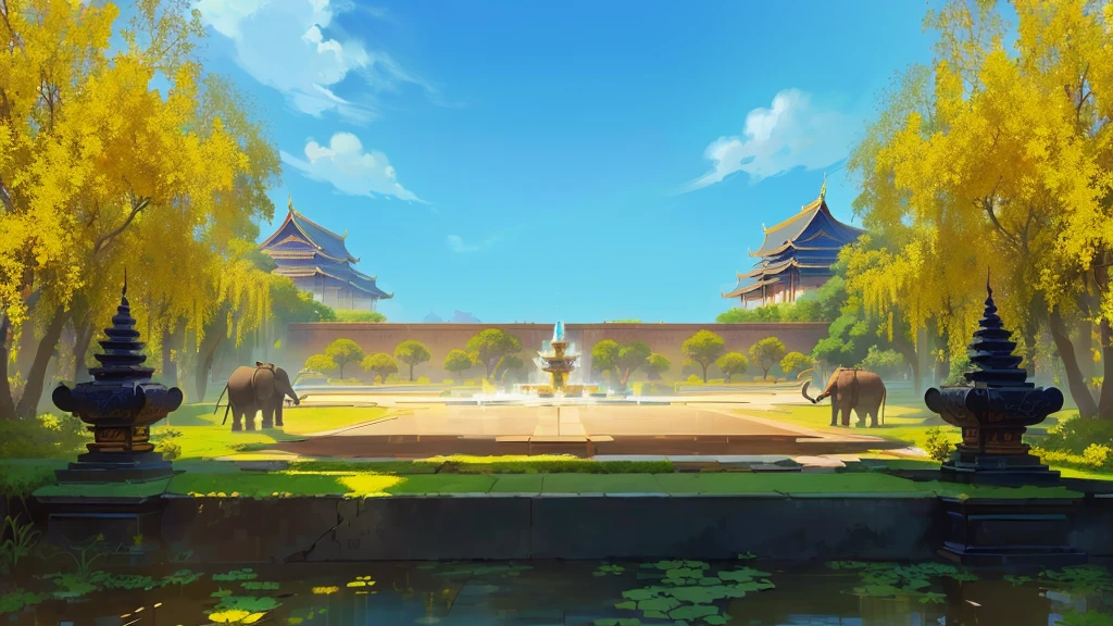 there is a painting of a courtyard with a fountain and elephants gold stone, arena background, mobile game background, background art, background artwork, palace background, game background, temple background, volley court background, zen temple background, anime background art, royal garden background, amazing wallpaper, anime background, 2 d game art background, park background, anime scenery concept art, videogame background, Cassia fistula, far  architect thailand