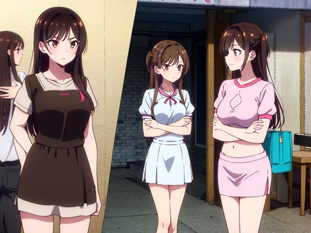 mizuharachizuru, chizuru ichinose, ((long hair)), bangs, brown hair, (brown eyes:1.5), one side up, smile, (clonealike:2), 5+girls, multiple identical girls, large breasts, thighs, shiny legs, 
BREAK skirt, shirt, short sleeves, puffy sleeves, puffy short sleeves, white skirt, white short, pink shirt, white low socks, brown low shoes, 
BREAK indoors, boutique outlet shop, crowd, people,
BREAK asking for bikini swimsuit clothes prices with the clerk, (cowboy shot:1.5),
BREAK (masterpiece:1.2), best quality, high resolution, unity 8k wallpaper, (illustration:0.8), (beautiful detailed eyes:1.6), extremely detailed face, perfect lighting, extremely detailed CG, (perfect hands, perfect anatomy), seductive appearance and posture, ((full body)), ((standing)), profile, crossed arms under breasts 