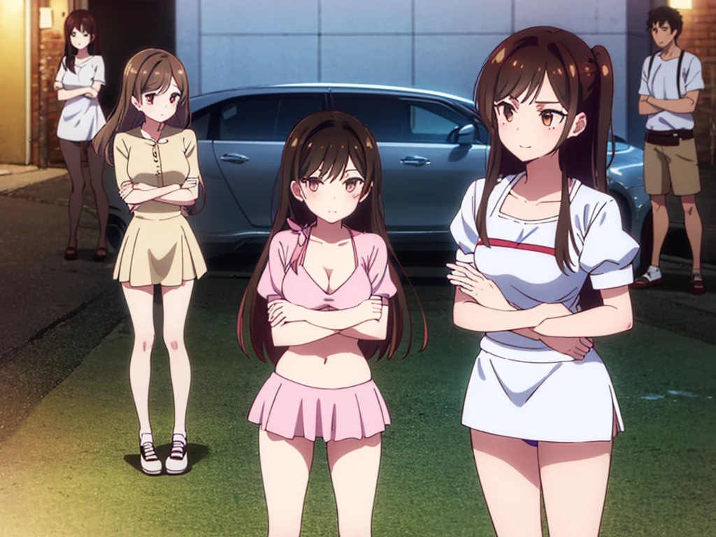 mizuharachizuru, chizuru ichinose, ((long hair)), bangs, brown hair, (brown eyes:1.5), one side up, smile, (clonealike:2), 5+girls, multiple identical girls, large breasts, thighs, shiny legs, 
BREAK skirt, shirt, short sleeves, puffy sleeves, puffy short sleeves, white skirt, white short, pink shirt, white low socks, brown low shoes, 
BREAK indoors, boutique outlet shop, crowd, people,
BREAK asking for bikini swimsuit clothes prices with the clerk, (cowboy shot:1.5),
BREAK (masterpiece:1.2), best quality, high resolution, unity 8k wallpaper, (illustration:0.8), (beautiful detailed eyes:1.6), extremely detailed face, perfect lighting, extremely detailed CG, (perfect hands, perfect anatomy), seductive appearance and posture, ((full body)), ((standing)), profile, crossed arms under breasts 
