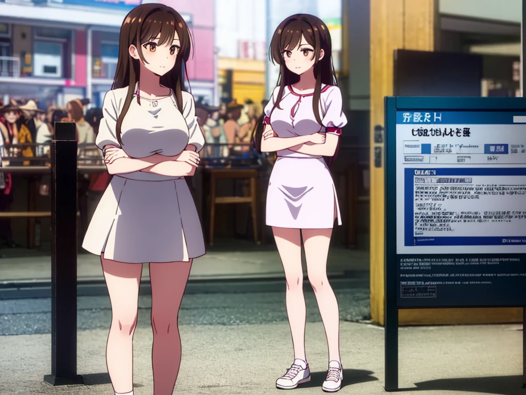 mizuharachizuru, chizuru ichinose, ((long hair)), bangs, brown hair, (brown eyes:1.5), one side up, smile, (clonealike:2), 5+girls, multiple identical girls, large breasts, thighs, shiny legs, 
BREAK skirt, shirt, short sleeves, puffy sleeves, puffy short sleeves, white skirt, white short, pink shirt, white low socks, brown low shoes, 
BREAK indoors, boutique outlet shop, crowd, people,
BREAK asking for bikini swimsuit clothes prices with the clerk, (cowboy shot:1.5),
BREAK (masterpiece:1.2), best quality, high resolution, unity 8k wallpaper, (illustration:0.8), (beautiful detailed eyes:1.6), extremely detailed face, perfect lighting, extremely detailed CG, (perfect hands, perfect ???????), seductive appearance and posture, ((full body)), ((standing)), profile, crossed arms under breasts 