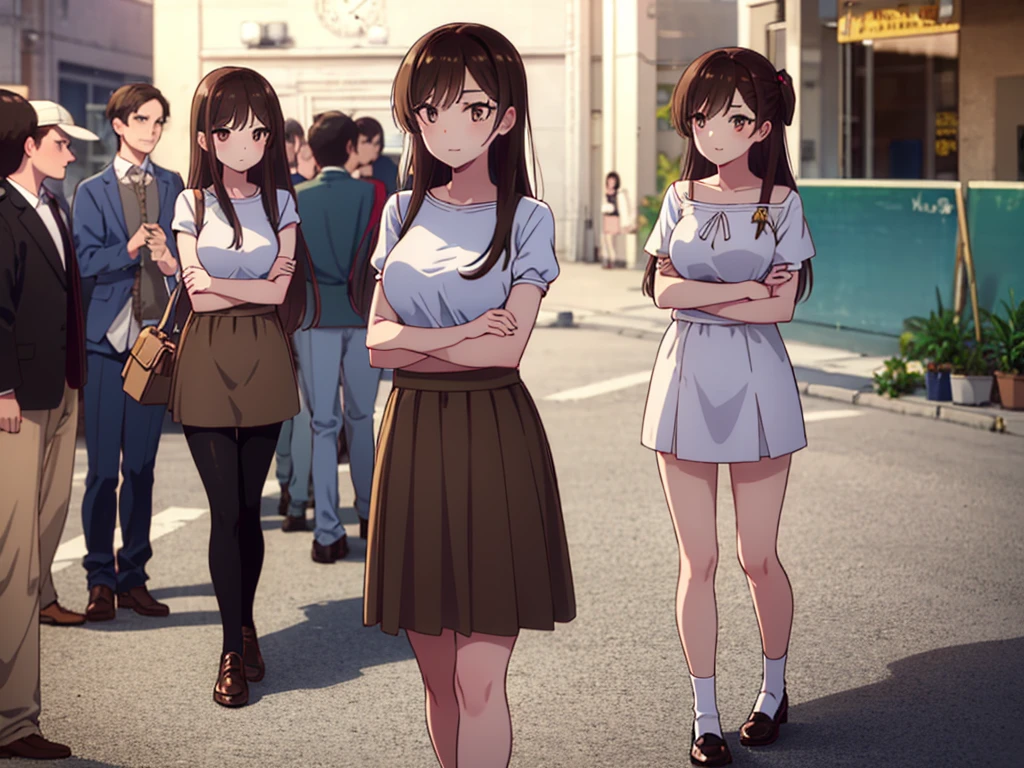 mizuharachizuru, chizuru ichinose, ((long hair)), bangs, brown hair, (brown eyes:1.5), one side up, smile, (clonealike:2), 5+girls, multiple identical girls, large breasts, thighs, shiny legs, 
BREAK skirt, shirt, short sleeves, puffy sleeves, puffy short sleeves, white skirt, white short, pink shirt, white low socks, brown low shoes, 
BREAK indoors, boutique outlet shop, crowd, people,
BREAK asking for bikini swimsuit clothes prices with the clerk, (cowboy shot:1.5),
BREAK (masterpiece:1.2), best quality, high resolution, unity 8k wallpaper, (illustration:0.8), (beautiful detailed eyes:1.6), extremely detailed face, perfect lighting, extremely detailed CG, (perfect hands, perfect anatomy), seductive appearance and posture, ((full body)), ((standing)), profile, crossed arms under breasts 