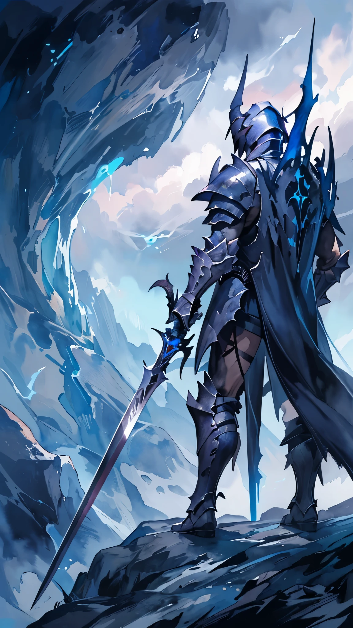 (masterpiece:1.2),(Highest quality),(Very detailedな),(Ultra-high resolution),8K,Vast landscape photography,((watercolor)),(The Abyss Knight stands),Abyssal Sword,Abyssal Armor,Abyssal Shield,(One person: 1.5),Very detailed,The background is a gradient of black, blue and grey,The very deep darkness