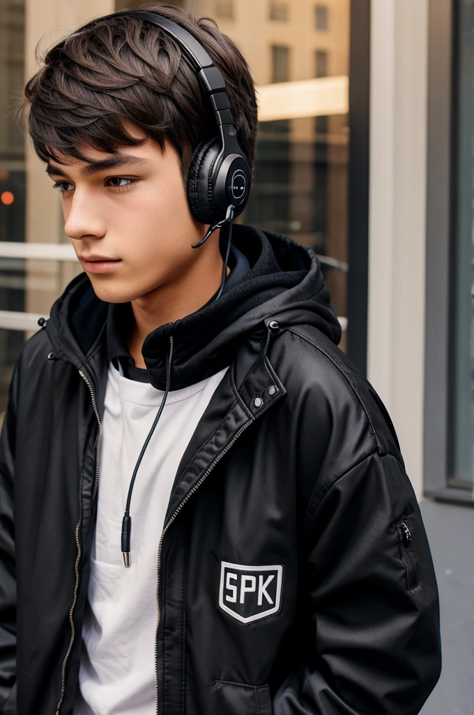Teen boy with black jacket with cozy headset
