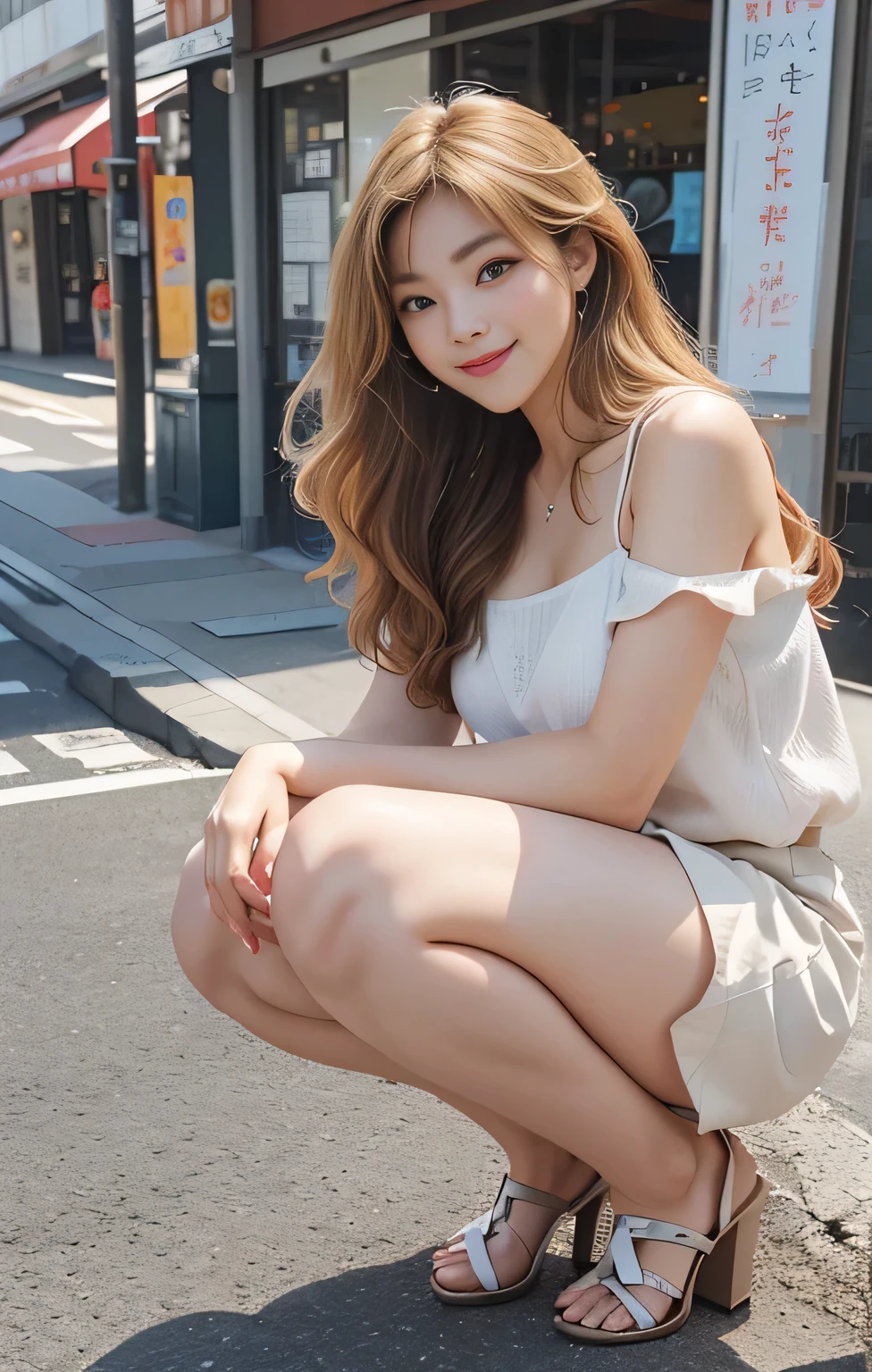 Highest quality、masterpiece、Ultra-high resolution、Realistic、RAW Photos、1 Girl、sexlyな外観、Shoulder hair、The lower half of the body is curled up and wild....、Cute Smile like a model、frontage、Her hair color is blonde、Red tight mini skirt、Regular high heels、Double Eyes、Apply mascara、Cute pose like a model、Cute face、Gorgeous as a model、Ultimate beauty、Cute Smile、Bright smile、Masseter region、Highest quality、It's early summer、 Fukuoka/Tenjin streetscape、sunny day、photo shoot、sexly、A shy smile、Perfect eyes and nose