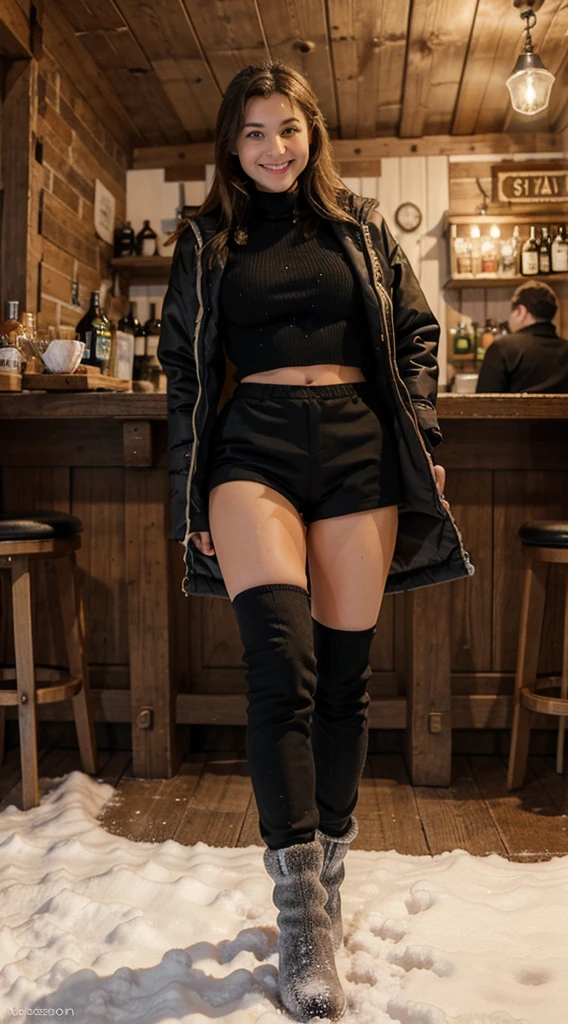 Стоит в полный рост в баре, Standing at the bar drinking mulled wine, full length, без лифчика, торчат соскиOn his feet are winter boots-Erossovki,A Canadian woman, 25 years old full height,you can see all the beautiful body, A slim body, , in an unbuttoned winter jacket красного цвета, , bare breasts and erect nipples are visible, in black cycling shorts
mini and розовые knee-length socks, ., smiling, ski resort cafe, winter, Cozy atmosphere, realistic, whole body, sky boots