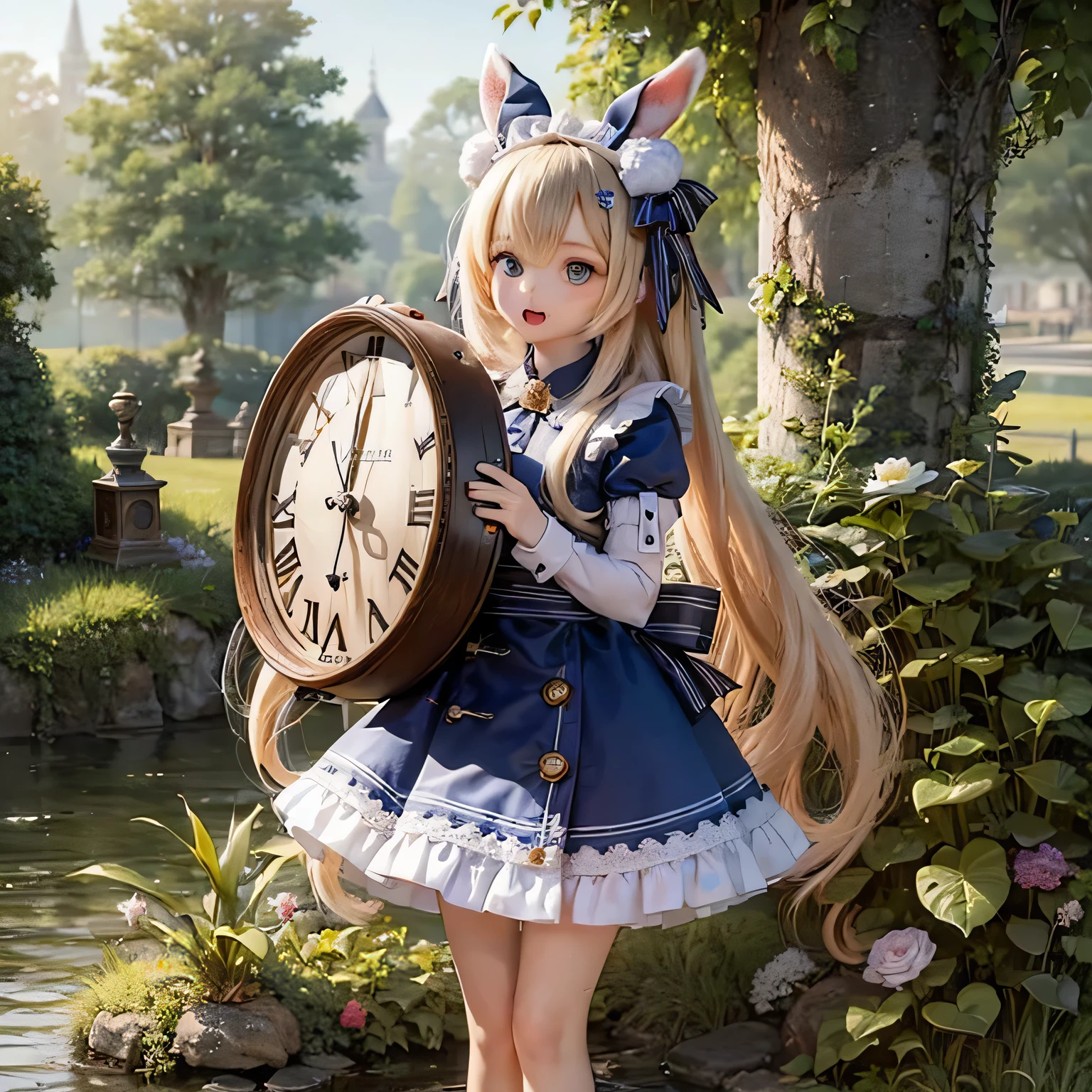 The rabbit girl is holding a big clock with Alice_Wonderland