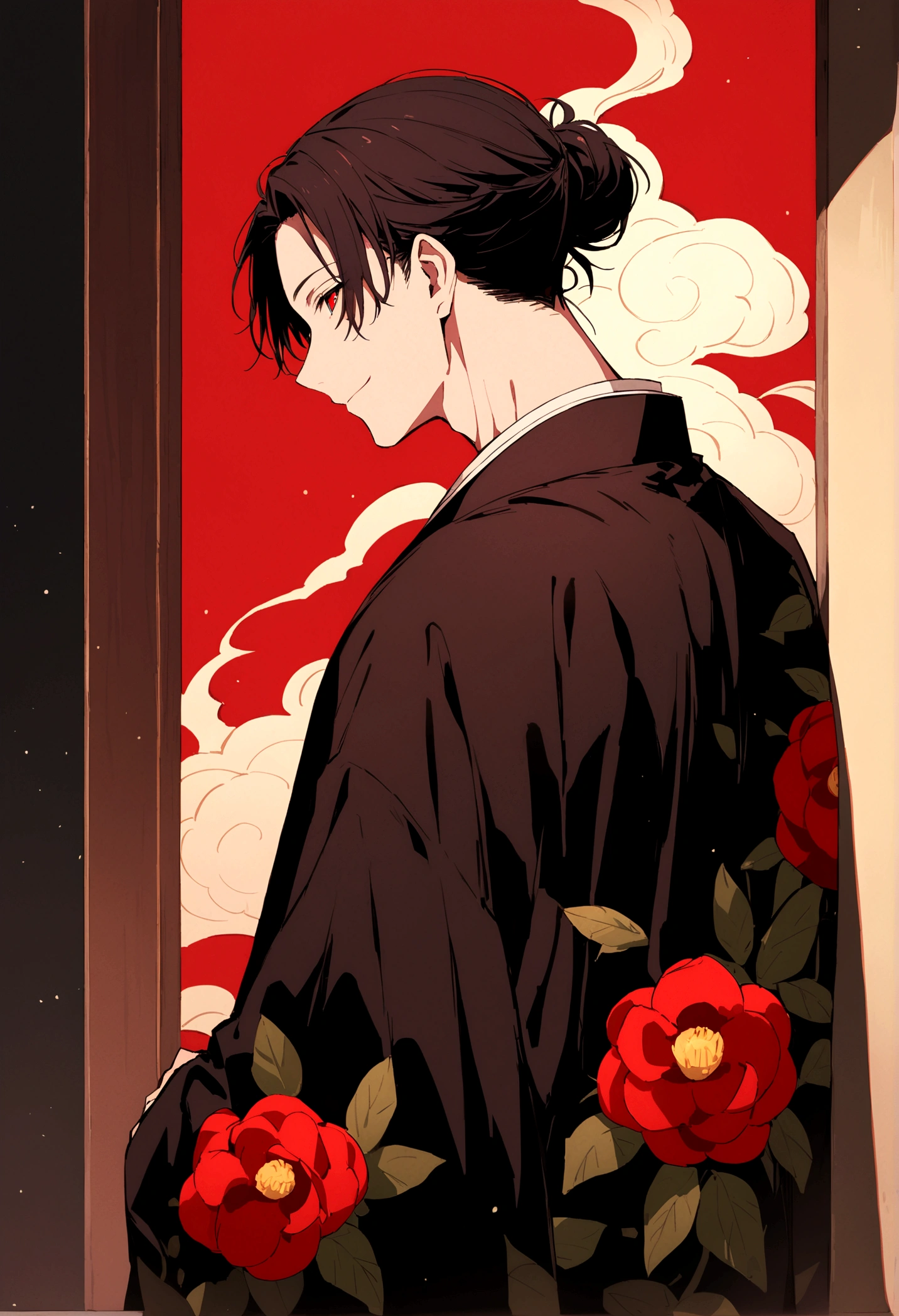 ((Red eyes))、引きつけるRed Eyes、smile、Crimson Eyes、Beautiful man、1 person、neutral、Black Hair、(Red Eyes)、Kimono with camellia pattern、smile、The nape is a little long、Serene atmosphere、beautiful、Are standing、ephemeral、front、 High resolution, Super detailed、Male、Rakugo artist