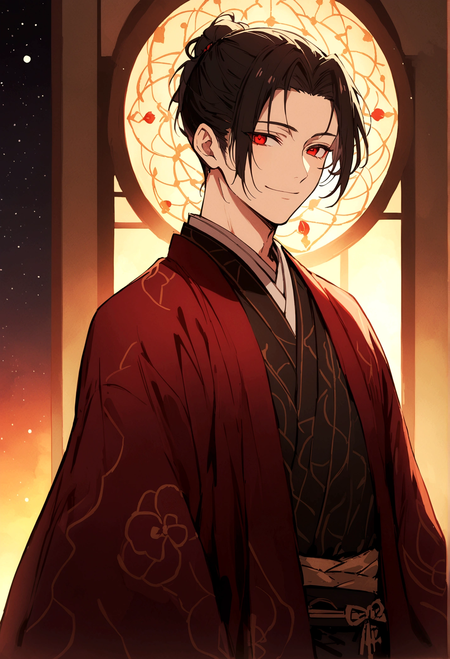 ((Red eyes))、引きつけるRed Eyes、smile、Crimson Eyes、Beautiful man、1 person、neutral、Black Hair、(Red Eyes)、Kimono with camellia pattern、smile、The nape is a little long、Serene atmosphere、beautiful、Are standing、ephemeral、front、 High resolution, Super detailed、Male、Rakugo artist