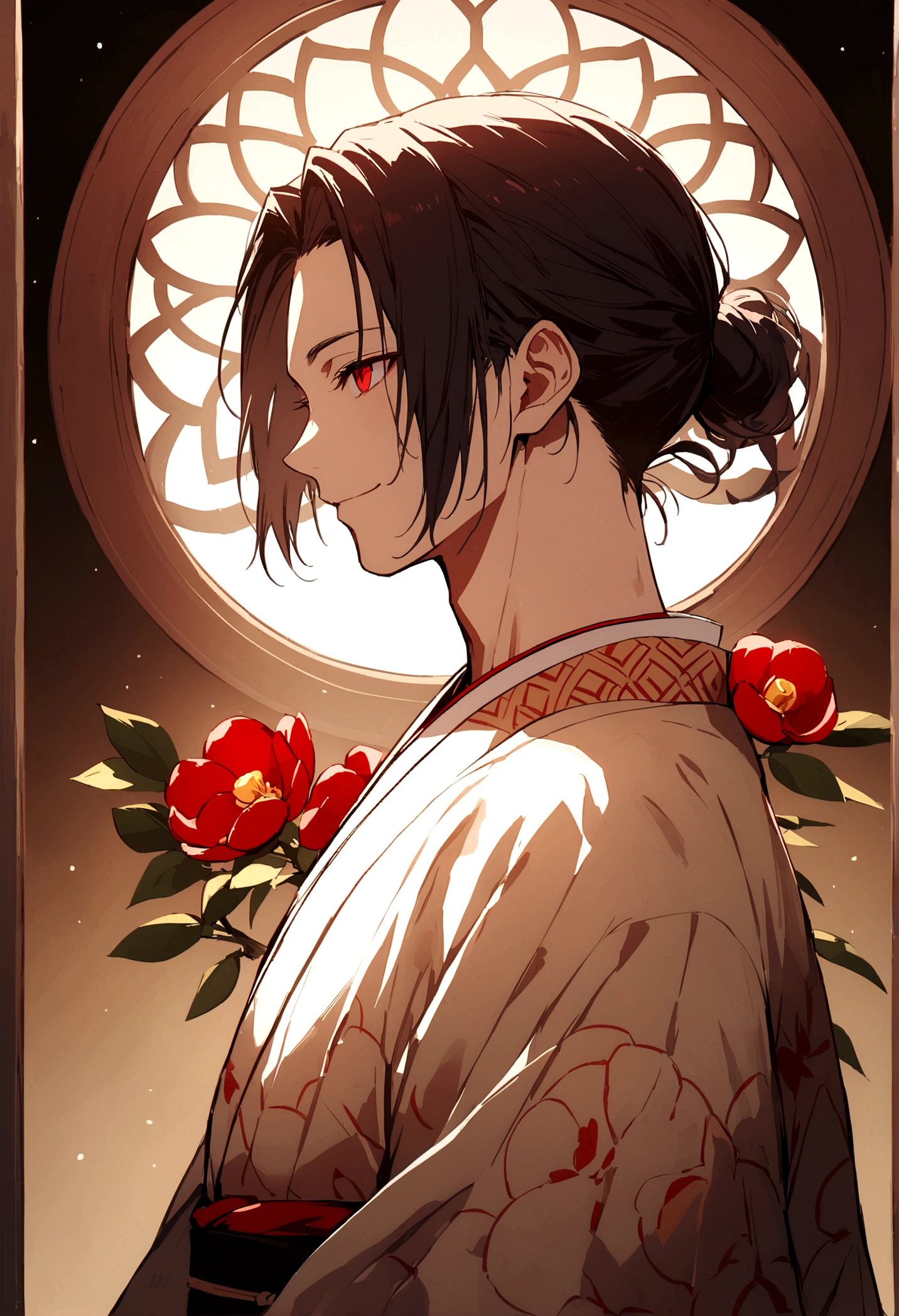 ((Red eyes))、引きつけるRed Eyes、smile、Crimson Eyes、Beautiful man、1 person、neutral、Black Hair、(Red Eyes)、Kimono with camellia pattern、smile、The nape is a little long、Serene atmosphere、beautiful、Are standing、ephemeral、front、 High resolution, Super detailed、Male、Rakugo artist