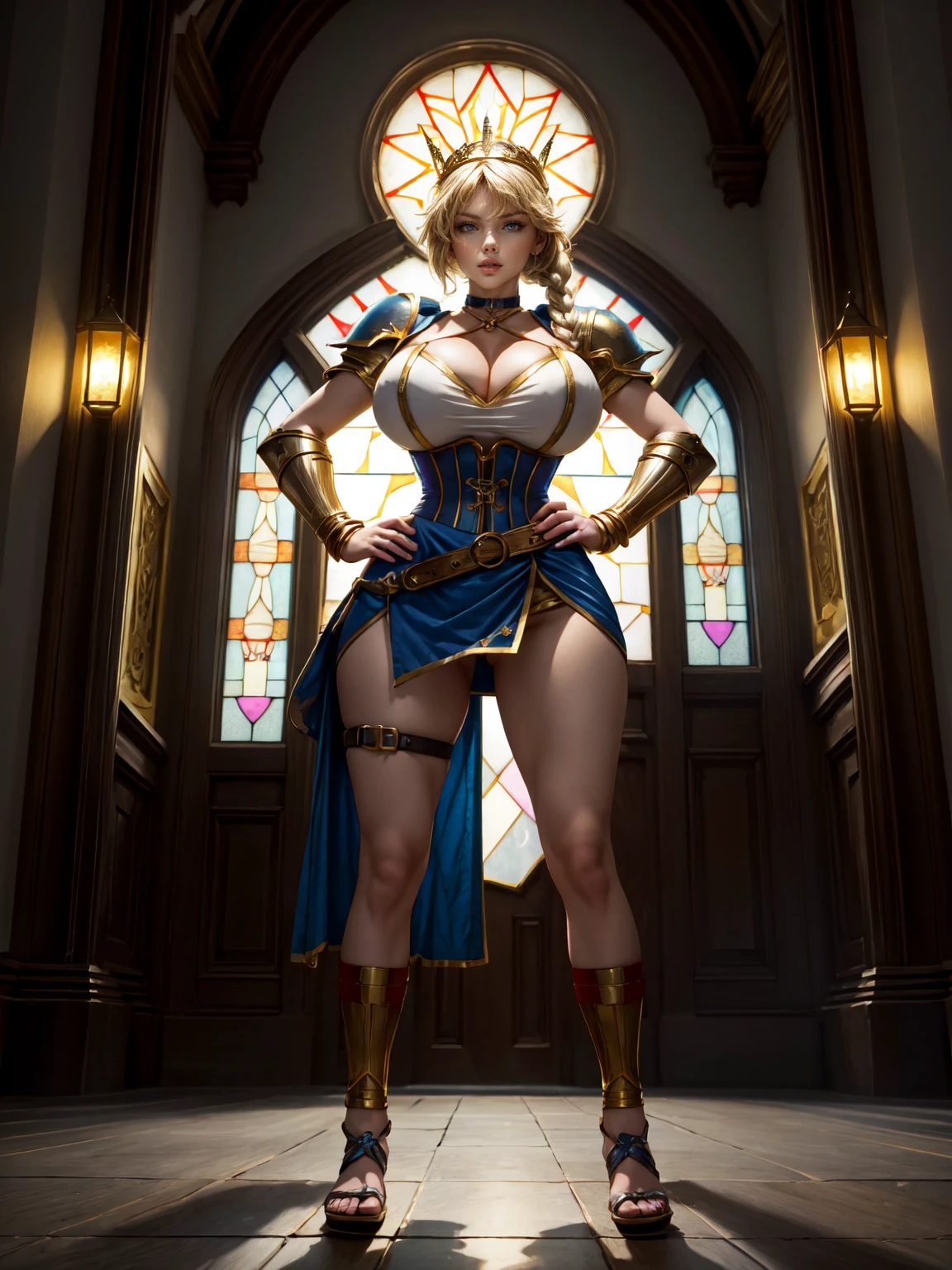 paladin lady in ornate golden armor, black collar, pauldrons, breastplate, corset, glowing halo, single braid, blonde, yellow glowing eyes, bright pupils, eye focus, red cape, temple indoors, stained glass windows, night, moonlight, particles, light beam, chromatic aberration, (full body, whole body. 1solo (girl). slave fighter, loincloth standing, hands on hips full body, whole body. 1solo (girl). slave fighter, loincloth standing, hands on hips, metal sandals, backpack, choker, big belt, view from below, feet together, bracers, tiara)
