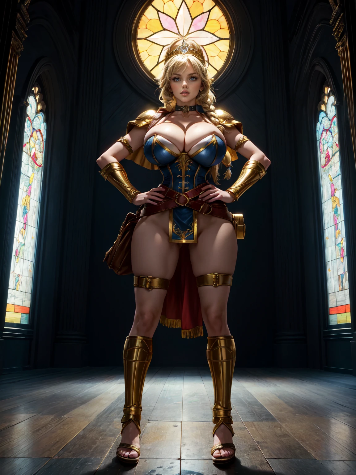 paladin lady in ornate golden armor, black collar, pauldrons, breastplate, corset, glowing halo, single braid, blonde, yellow glowing eyes, bright pupils, eye focus, red cape, temple indoors, stained glass windows, night, moonlight, particles, light beam, chromatic aberration, (full body, whole body. 1solo (girl). slave fighter, loincloth standing, hands on hips full body, whole body. 1solo (girl). slave fighter, loincloth standing, hands on hips, metal sandals, backpack, choker, big belt, view from below, feet together, bracers, tiara)