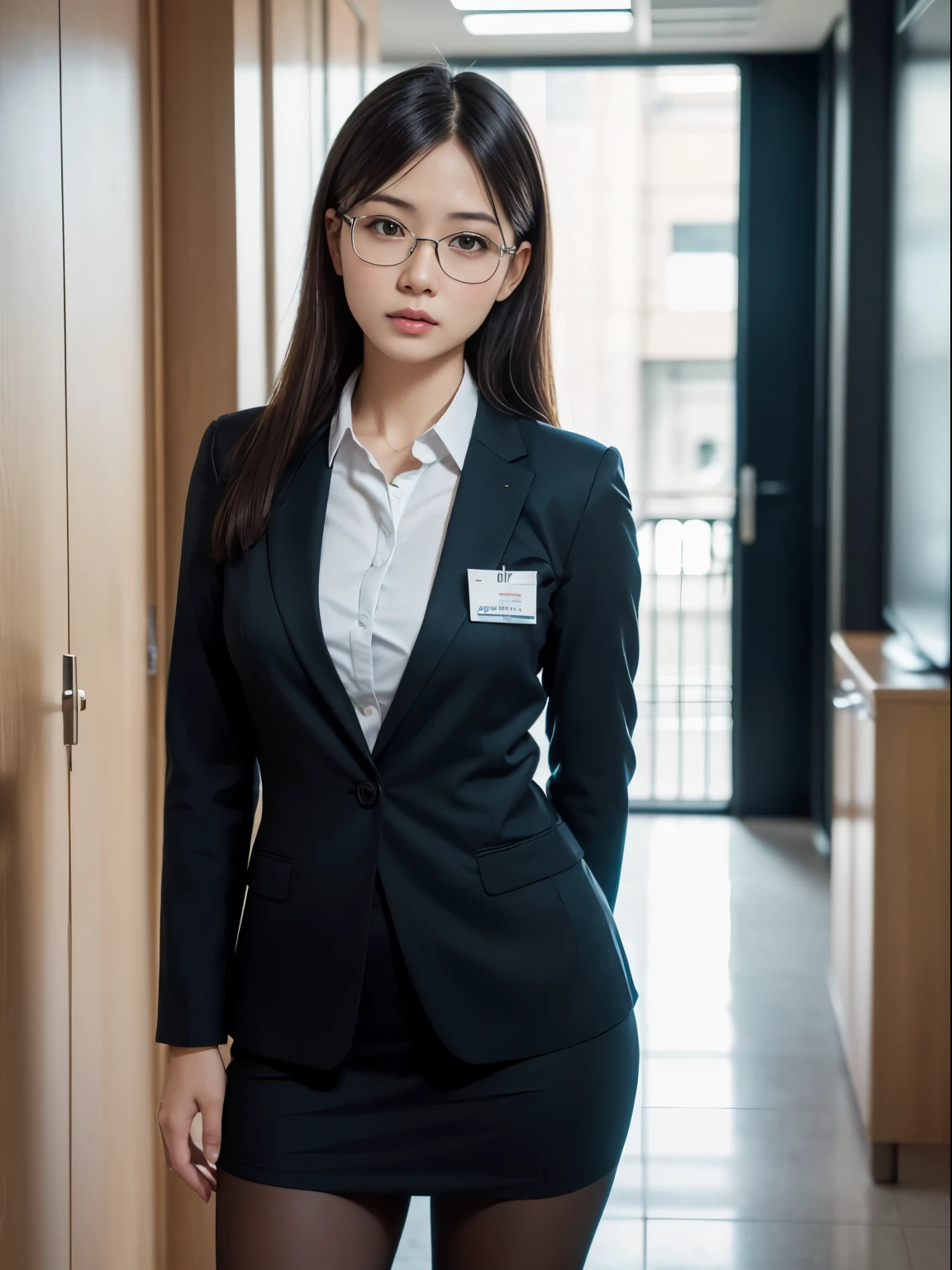 (alone、solo)、A 20-something office lady in an office uniform poses for a photo、(Black Pantyhose)、(Half Up)、victory、Tsundere、Single knot、OL、suit、Blue mall face、anger、、Glasses、Slim girl model photo、Body:The smallest middle-aged man in history、Female Model、Japanese female fashion model、(8K、RAW Photos、Highest quality、masterpiece:1.2)、(Real、Photorealistic:1.37)、Ultra high definition、Ultra high definition、Office Street、Standing position、whole body、((((SEXY)))