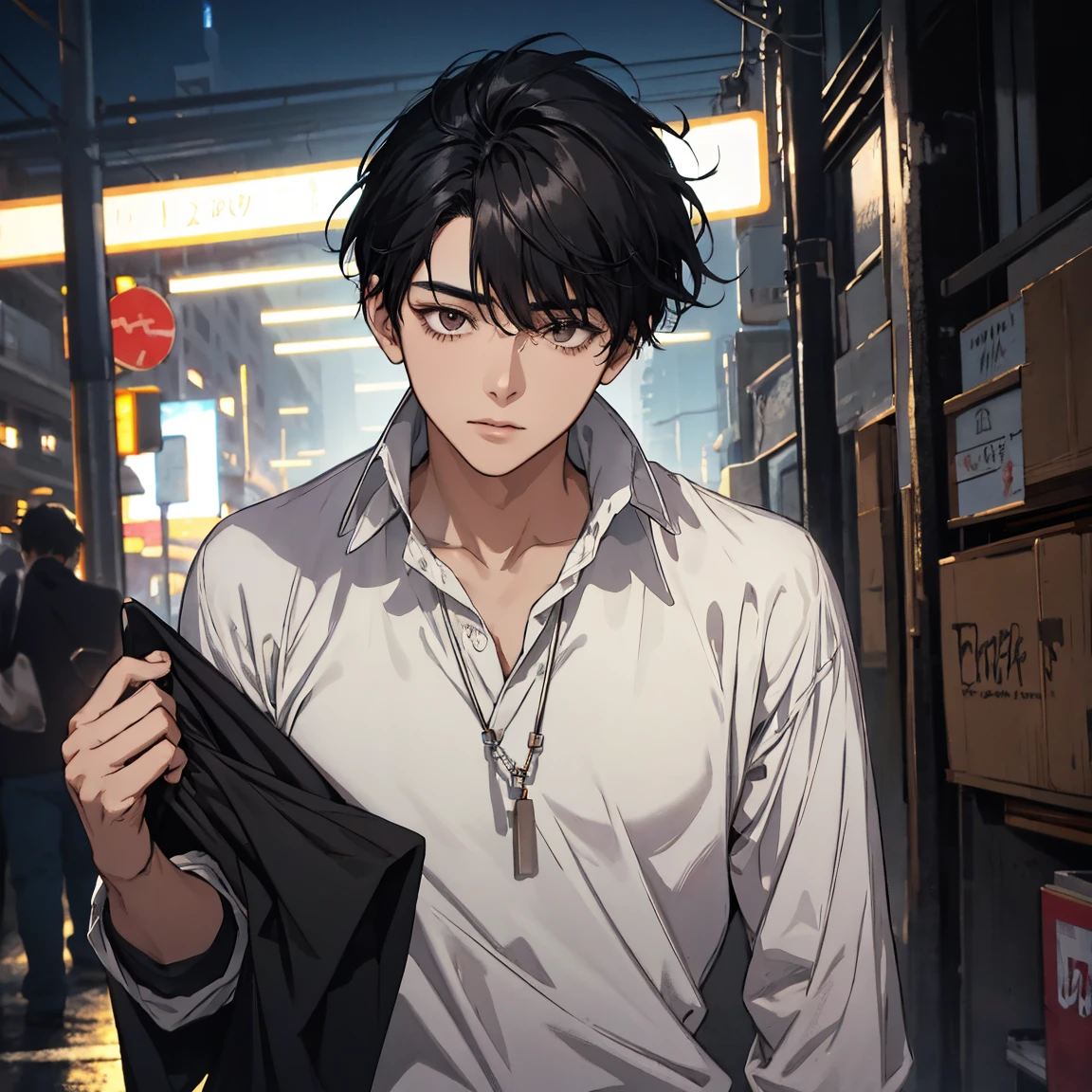 1 man night black hair medium hair young man