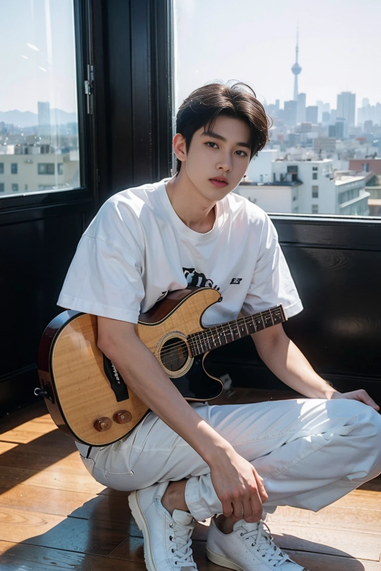 tmasterpiece,best qualtiy,hight resolution,超A high resolution,hyunjin,realisticlying,Young men,Korean Idol、Handsome face,natural soft light,looking at viewert,korean cityscape、guitarist、white t-shirts、black jeans, white converse high shoes, smoking