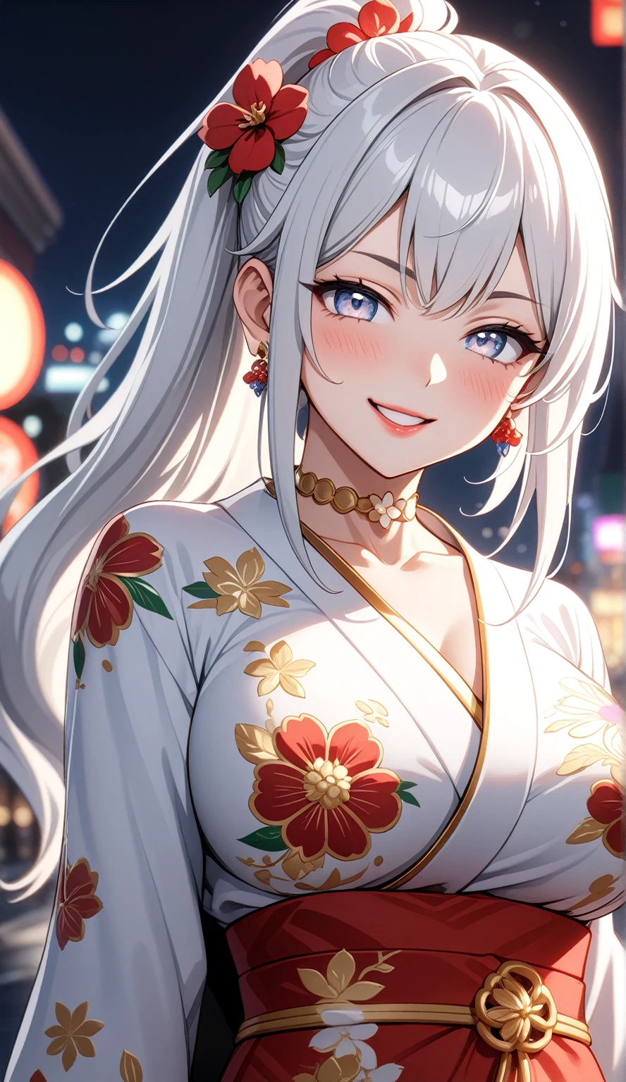 ((One personの女性)), Beautiful Face, Laughing embarrassedly, (naughty face:1.2),((Wink:1.9)), (head tilt:1.3), Laugh with your mouth wide open, upper teeth, ((Bright red cheeks:1.4)),Shiny red lips,Night view,Heights, firework, Glossy red lips,Facial lighting, ((Anime style background)),masterpiece, Highest quality, so beautiful,up to date, Complex details, (Pink long nails),(ring),(bracelet),(Floral choker),AI-generated, Complex,High resolution, Highest quality, super high quality,3D Images、3D Images,One person,Long white hair,High Ponytail, Anime woman posing for a photo,(blue eyes), ((Fine grain、Silvery white colorful eyes、Shining Eyes:1.3)), (Squint your eyes:1.1),a hyperRealistic , hyperRealistic , Realistic,Anime woman with long white hair, Smooth anime CG art, A woman in a colorful kimono with gold embroidery, (Black long sleeve kimono),Red floral pattern,Long flower hair ornament,Earrings,Mature Body,(Big Breasts:1.1),Tall,Abdominal muscles,Tight waist,(Zoom up to face:1.3), (front view),