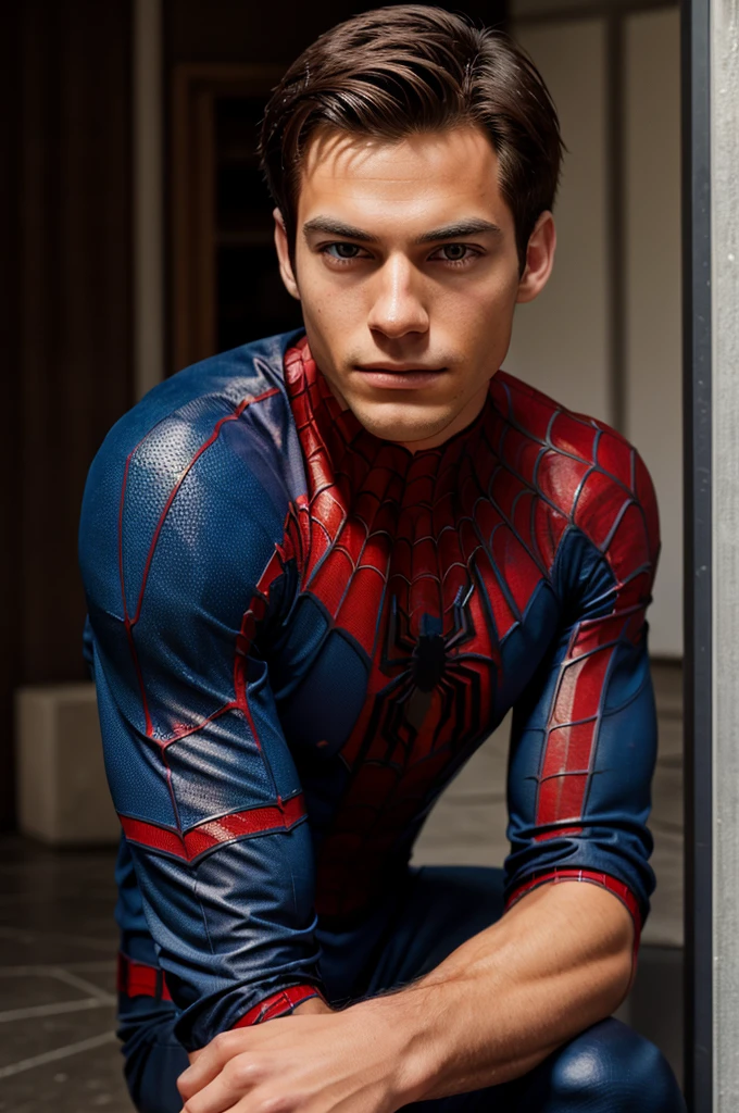 A photograph of spider man, no mask, 20 yo, handsome, detailed face, looking at camera, portrait, 8k uhd, high quality