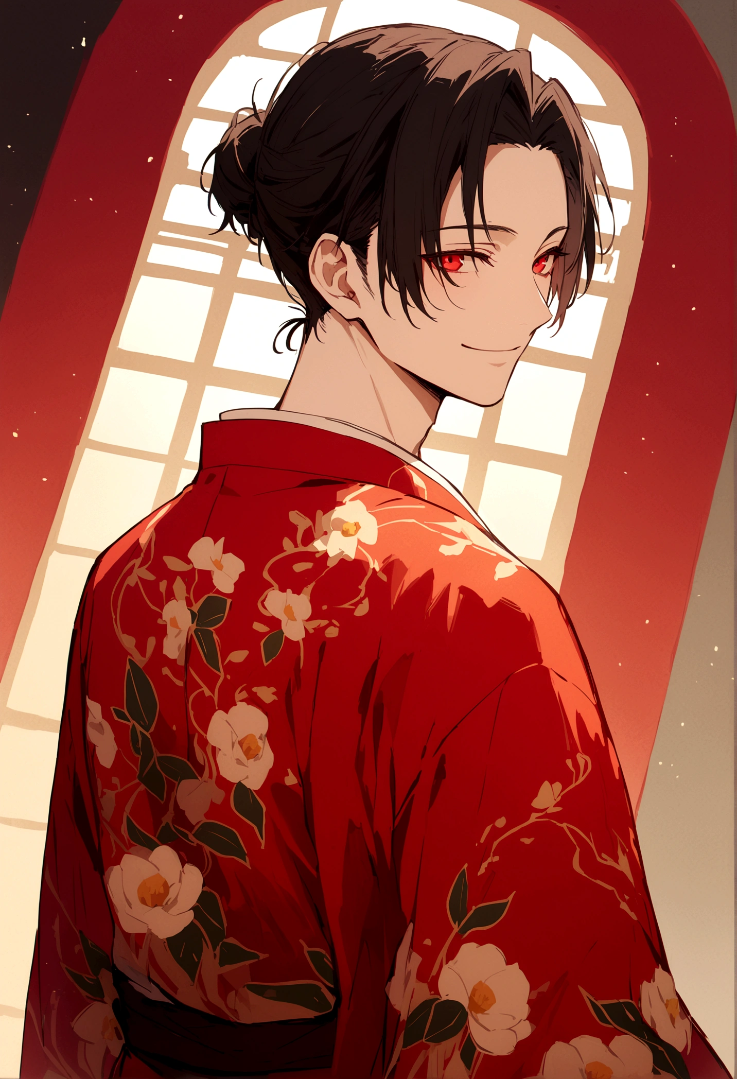 ((Red eyes))、引きつけるRed Eyes、smile、Crimson Eyes、Beautiful man、1 person、neutral、Black Hair、(Red Eyes)、Kimono with camellia pattern、smile、The nape is a little long、Serene atmosphere、beautiful、Are standing、ephemeral、Angle from the front、 High resolution, Super detailed、Male、Rakugo artist