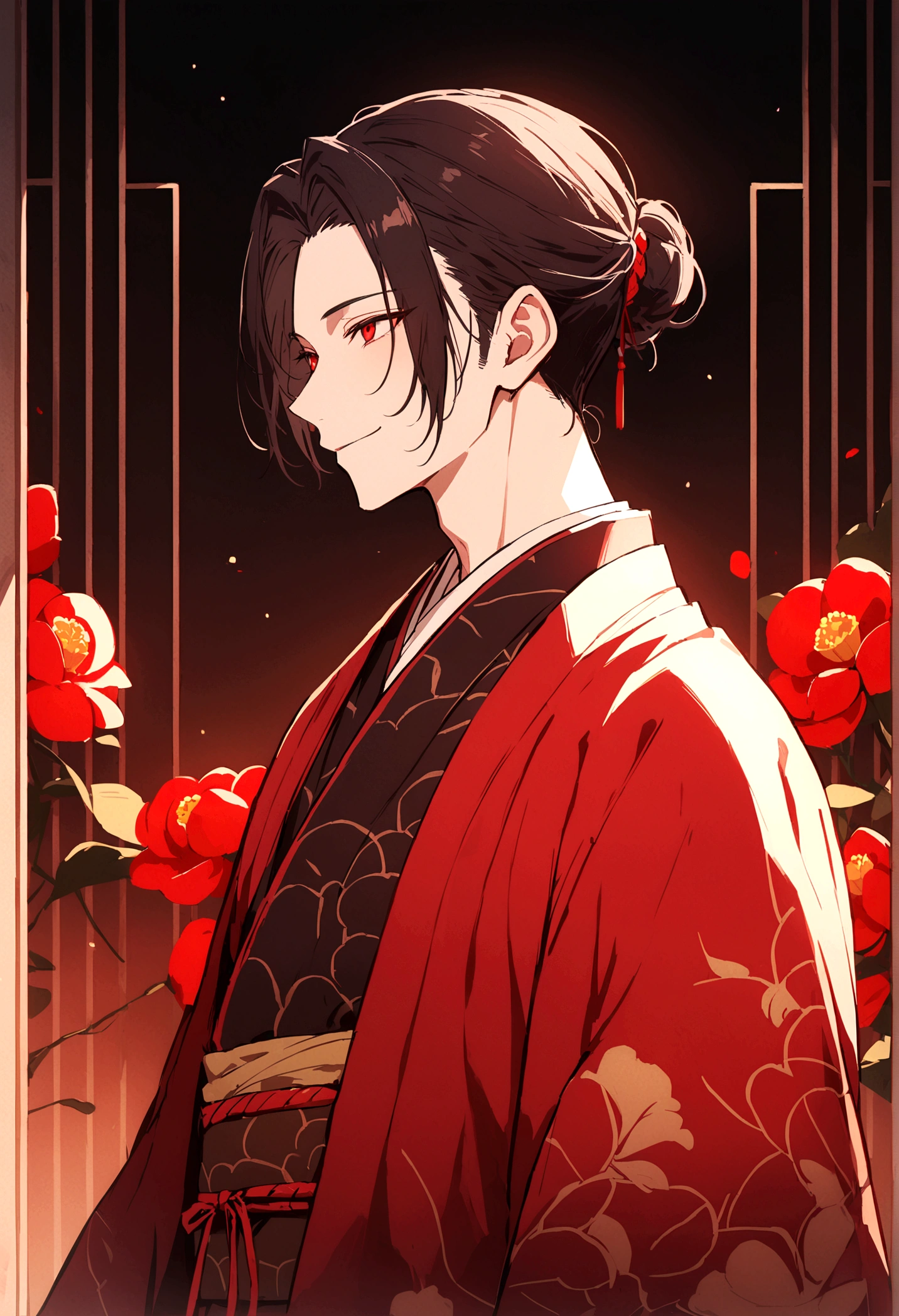 ((Red eyes))、引きつけるRed Eyes、smile、Crimson Eyes、Beautiful man、1 person、neutral、Black Hair、(Red Eyes)、Kimono with camellia pattern、smile、The nape is a little long、Serene atmosphere、beautiful、Are standing、ephemeral、Angle from the front、 High resolution, Super detailed、Male、Rakugo artist