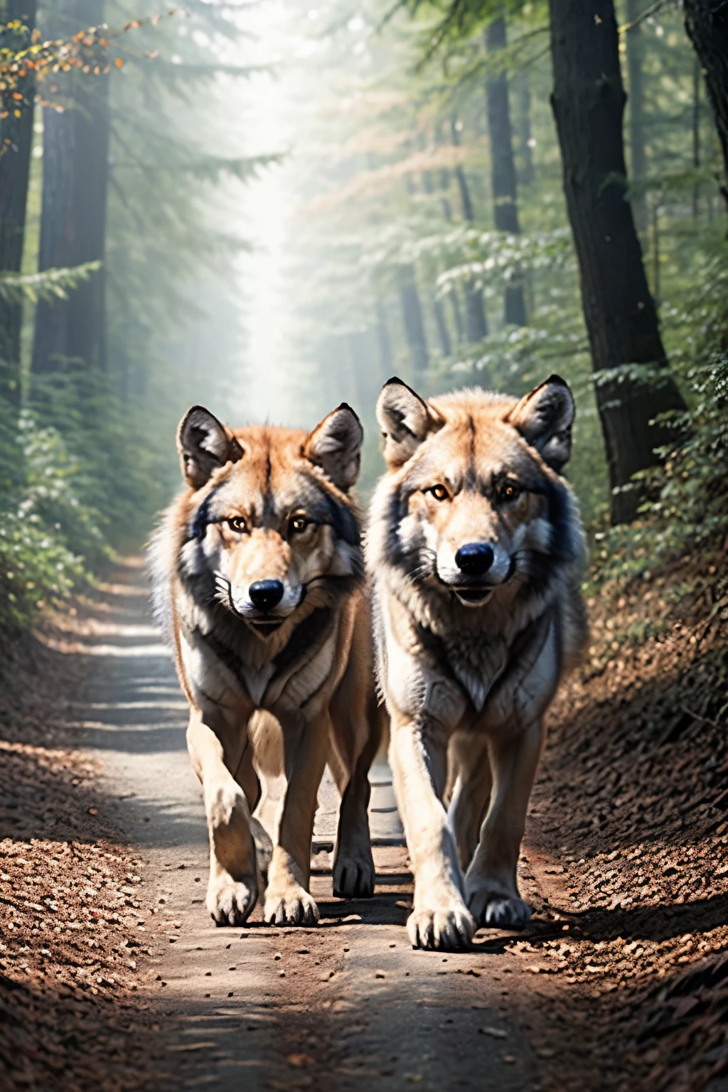  The wolf and fox meeting on a forest path, engaging in discussion
. hyper-realistic, 8k,ultra, pixar style, Disney style, cinema 4d, --ar 3:2