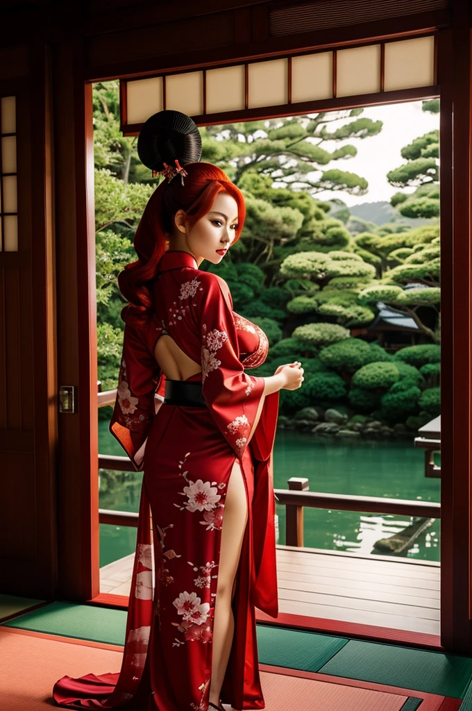 1 sexy girl, sexy sultry, red hair girl, divinity, geisha style, great kimono, sexy kimono, divine kimono, sexy halters kimono, dojo temple, beautiful landscape