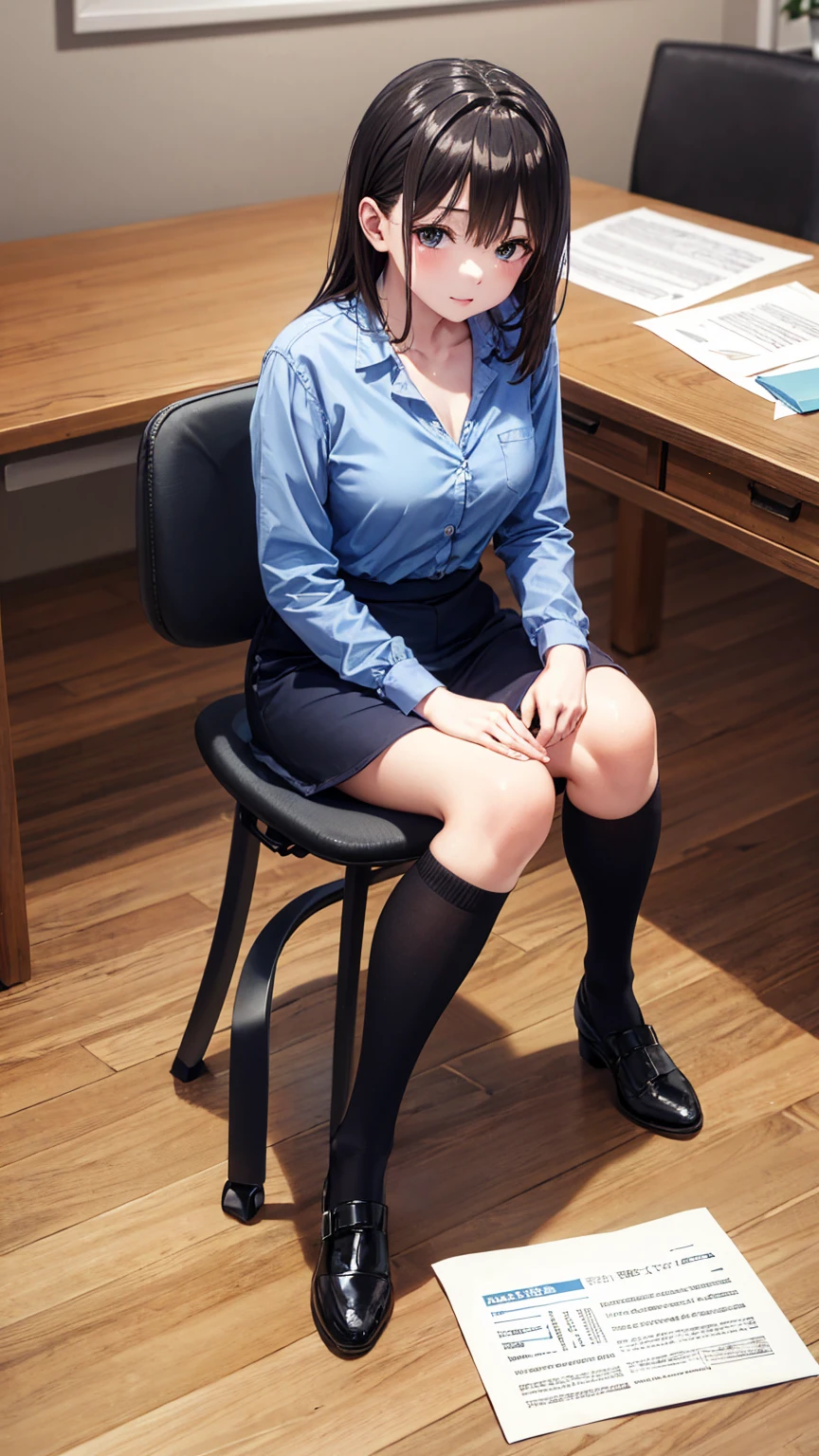 8K quality、High resolution、Full Body Shot、Sitting at a desk looking at documents