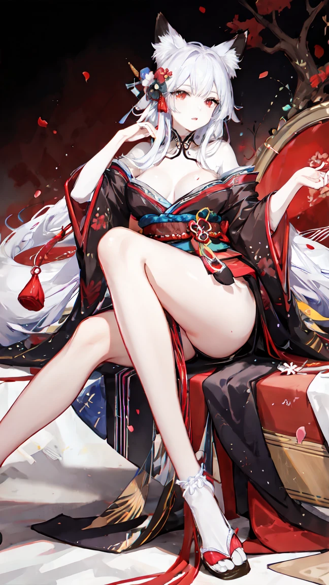 (masterpiece, best quality, perfect face, (beautiful and aesthetic:1.2), extremely detailed, highest detailed face), (beautiful kitsune lady, (long white hair:1.4), (red eyes:1.2), (flawless pale skin:1.3), fake breasts, (narrow waist), (fox ears:1.2), (thicc thighs), wide hips, long legs, (slender body:1.2), ((wearing kimono)), (sexy pin-up pose:1.3), (high quality, hyperrealistic, CG, unity, 4k),