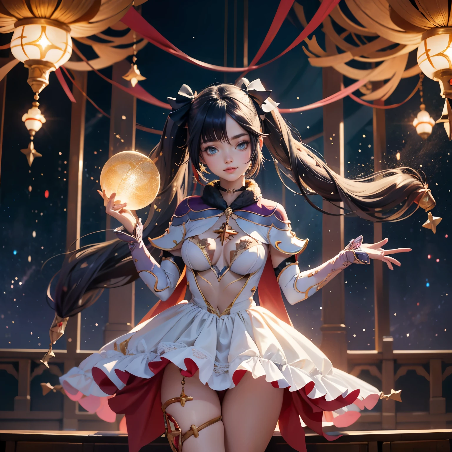 Mona_(genshin impact), ornament hair, perfectly body, perfectly hands, wave hair, black hair, long hair, twintails, on stage, stage scenery, red roses on focus, gold lantern, navy dress, more details on her clothes, white dress with transparency, golden details, night, smiling, cape,ornament hair, long hair, 1 girl, Looking at the audience, flowing hair, Beautiful Eyes, Plump and glossy lips, Idol, dress with too many frills, white dress, navy laces, white Short skirt, Drape clothes, navy gem, Lace trim, bright stage, luxury gold details, gold jewelry, more details, best quality, Big sparkling eyes, blushing, Striped Lace Stockings, white Lolita skirt, sparkle, solo, centered girl, cowboy shot, perfectly body, perfectly hands, two arms, two legs, two hands, five fingers, perfect anatomy, glowing hair, 1girl, dress, solo, flowing hair, floating hair, ornament hair, perfectly body, perfectly hands, on the stage, sparkles, more details on her clothes, dress with transparency, golden details on her dress, night, holding a microphone, ((4k, masterpiece, top-quality)),8k, best quality, high resolution, HD, (illustration:0.8), super cute girl, delicate and beautiful face, mature girl, super cute hairstyle, (beautiful detailed eyes:1.6), extremely detailed face, perfect lighting, extremely detailed CG, (perfect hands, perfect anatomy), Best quality, cleavage, small skirt, full Body, two arms, two legs, two hands, five fingers