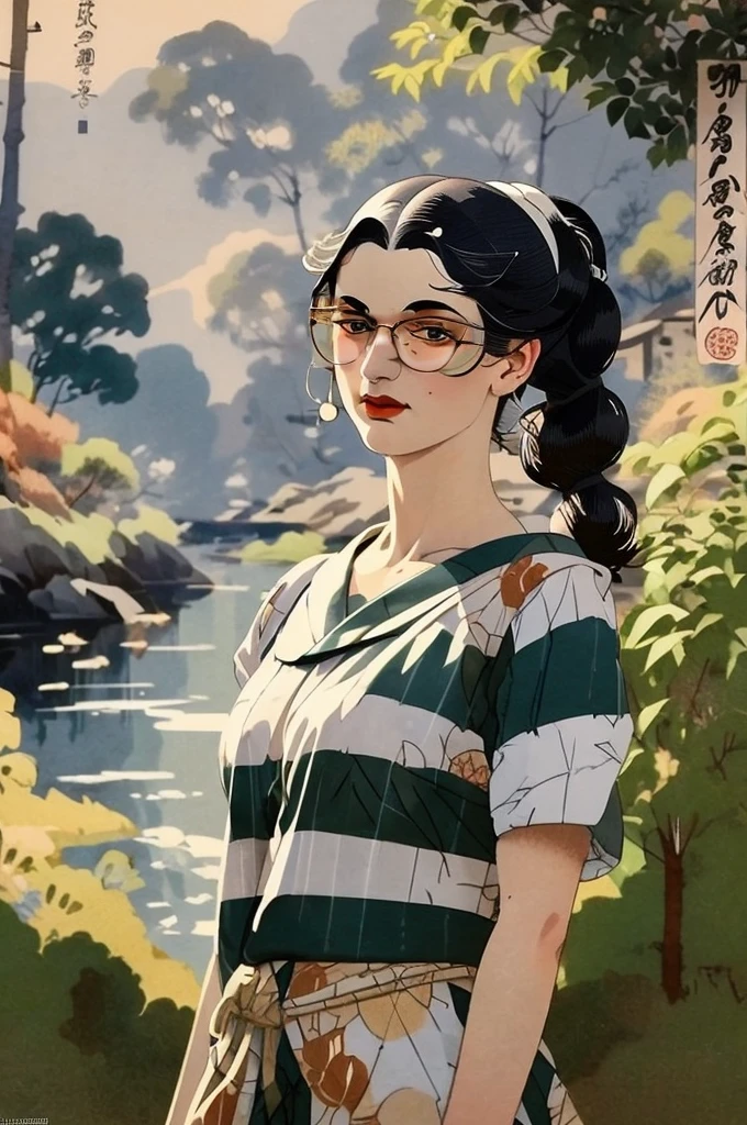 masterpiece, best quality, ukiyo-e:1.2, in hokusai style, a beautiful 20s french model, ultra detailed face