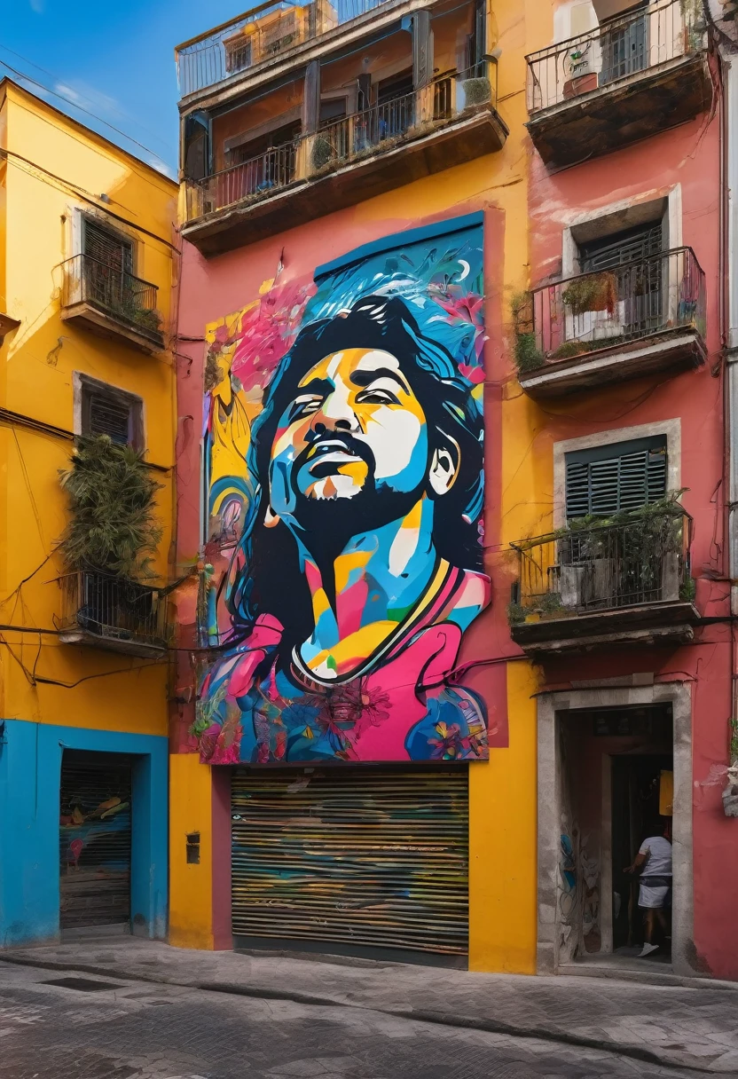A vibrant street art scene in naples, maradona, with bold colors and intricate designs, captured in a dynamic and edgy style.